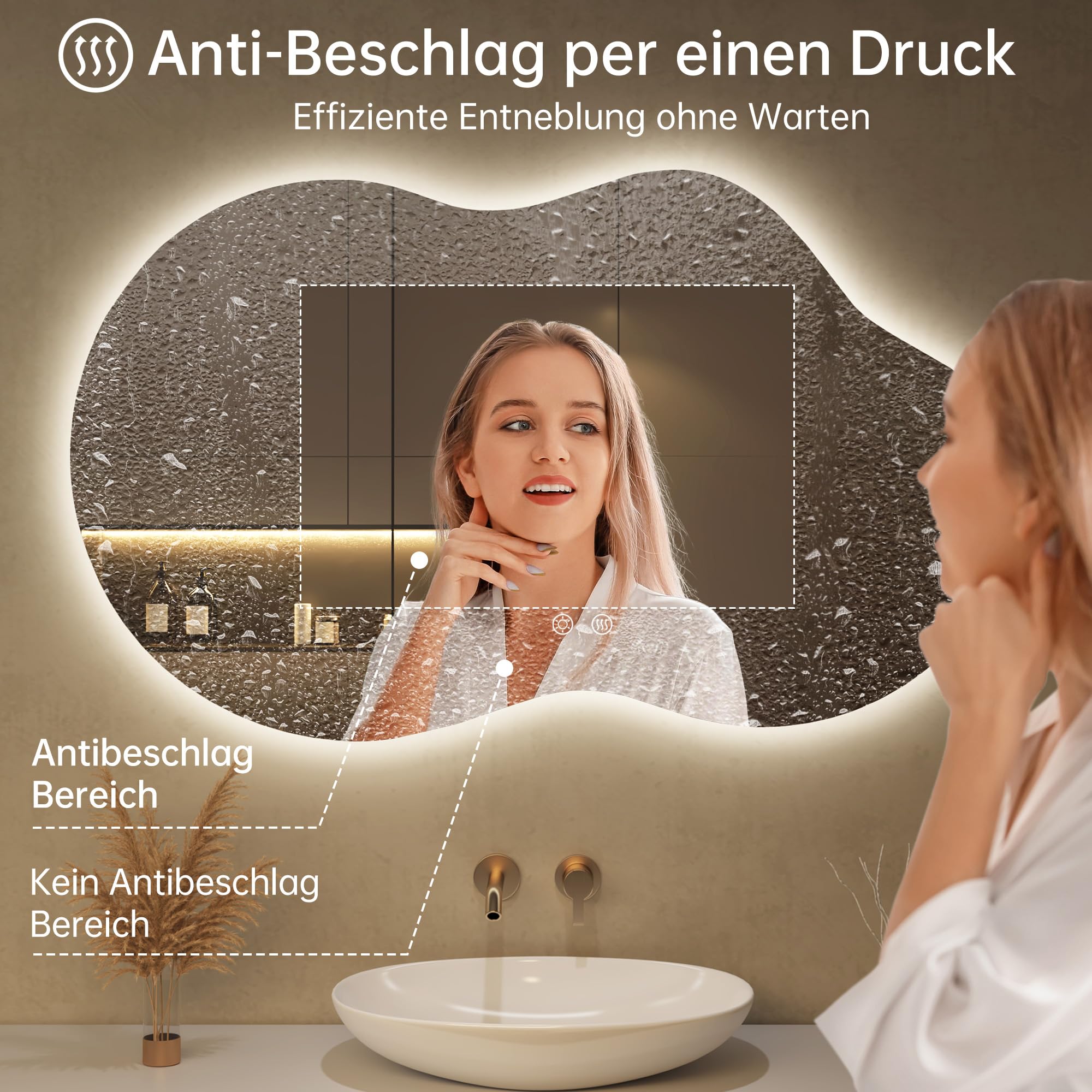 Badspiegel mit Beleuchtung Asymmetrischer LED Badspiegel 100 x 60 cm mit Touch-Schalter, Dimmbar 3 Lichtfarbe Einstellbare, Beschlagfrei Badezimmerspiegel mit Beleuchtung, Bruchsicher
