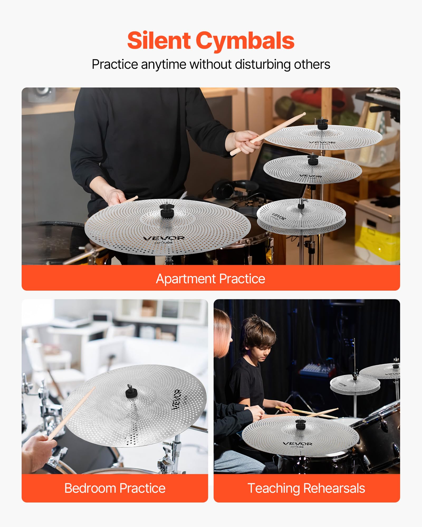 VEVOR Pacchetto Piatti Batteria, 4 Pezzi Silenziosi Lega, Hi-Hat 350 mm, Crash 400 e 455 mm, Ride 505 mm, Bacchette e Borsa, Rame Lucido