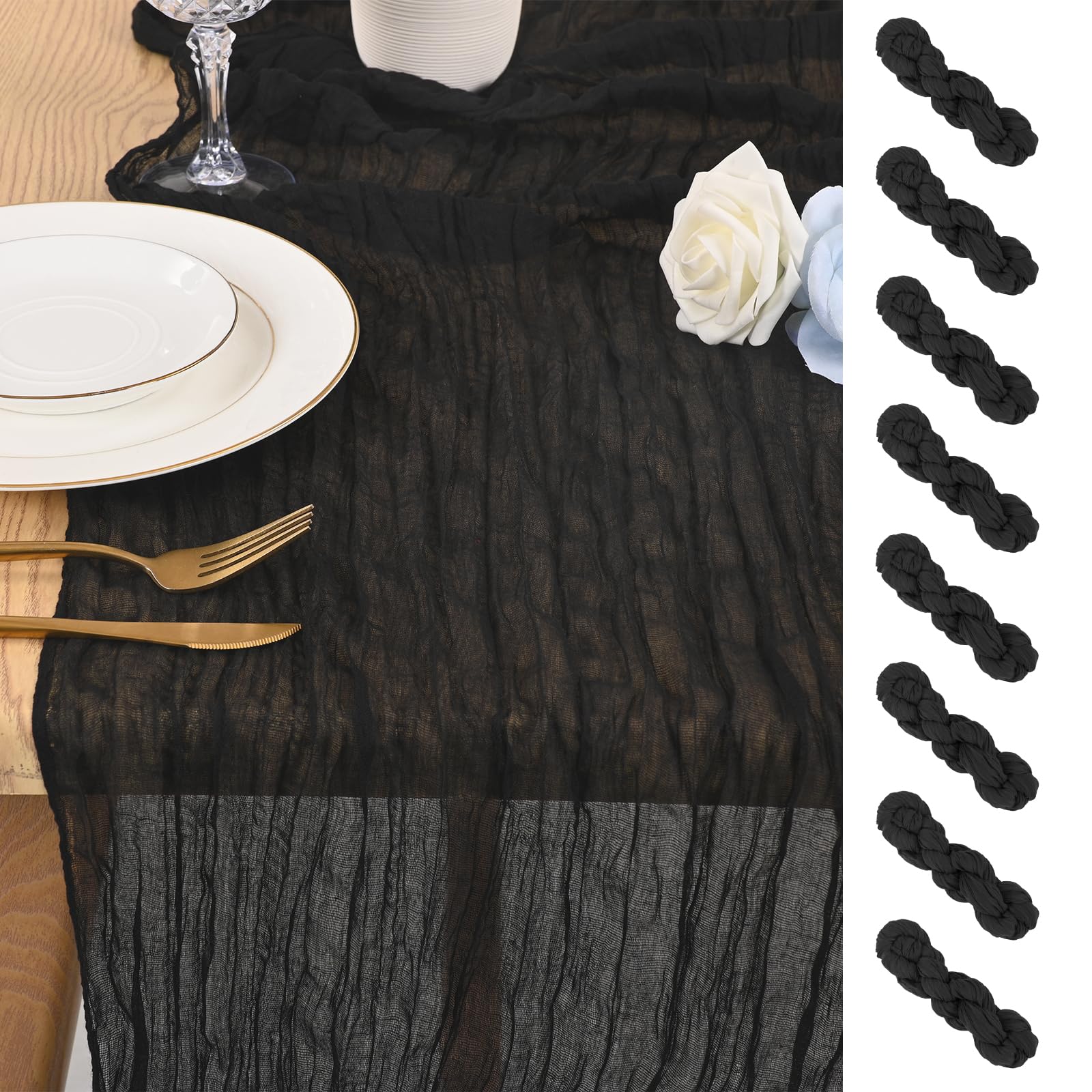 8 Pack 10Ft Cheesecloth Table Runner Black, 20 x 120 Inch Rustic Gauze Boho Cheese Cloth Wedding Long Table Runner for Wedding Party Bridal Shower