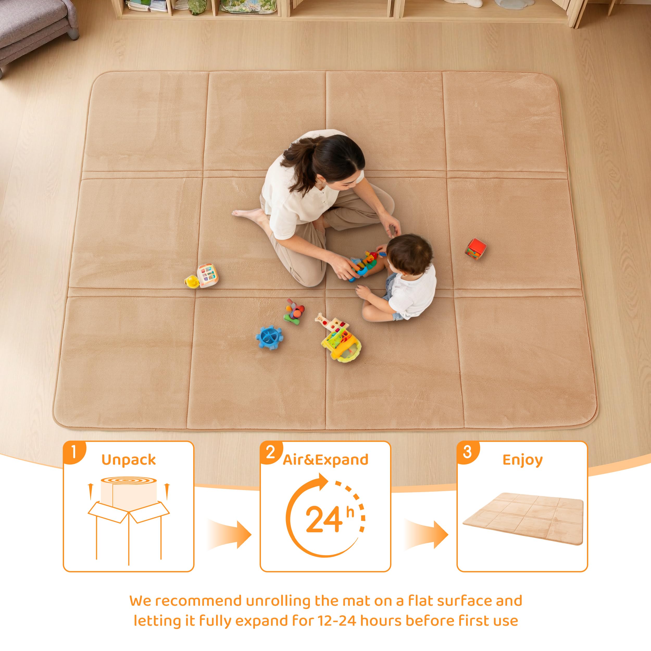 BYBYME Tappetino da gioco pieghevole da 3 cm di spessore, 150 x 200 cm, con fondo antiscivolo, morbido tappetino in memory foam per neonati, bambini e bambini, ideale per soggiorno e yoga, marrone