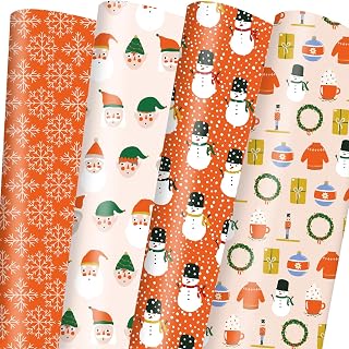 Dtiafu Orange Christmas Wrapping Paper 4 Classic Holiday Style Gift Wrap Paper Bulk Santa Snowman Snowflake and Christmas Element for Boys Girls Family, 20 X 28 Inches, Folded Flat (8 Sheet)