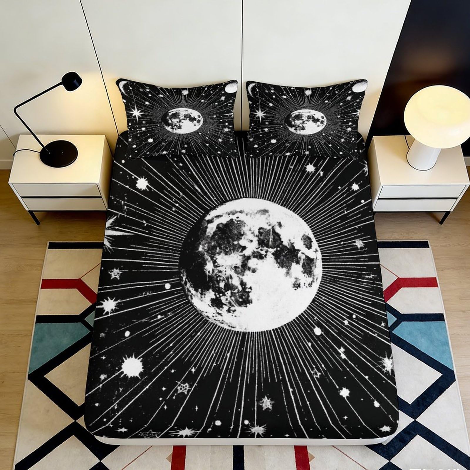 Celestial style 3D Printed Fitted Sheet, black moon galaxy, Microfiber soft touch, wrinkle resistant, apartment bedding, bedroom decor 90x200x25cm