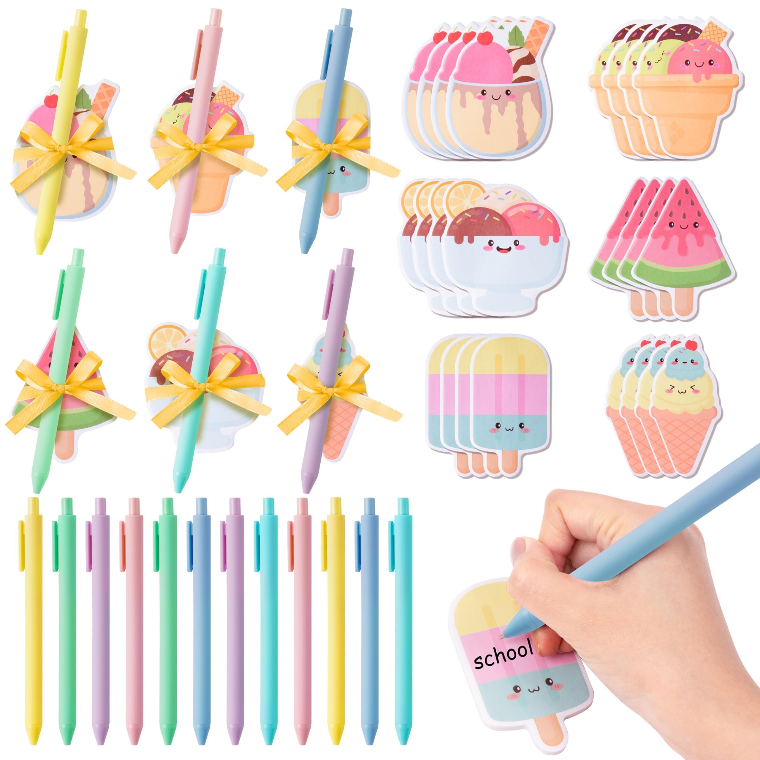 L1rabe Notas adhesivas de helado de verano – Juego de 24 blocs de notas autoadhesivos de postre de verano con bolígrafos, cintas, premios de regreso a clases, juegos de regalo para niños y estudiantes