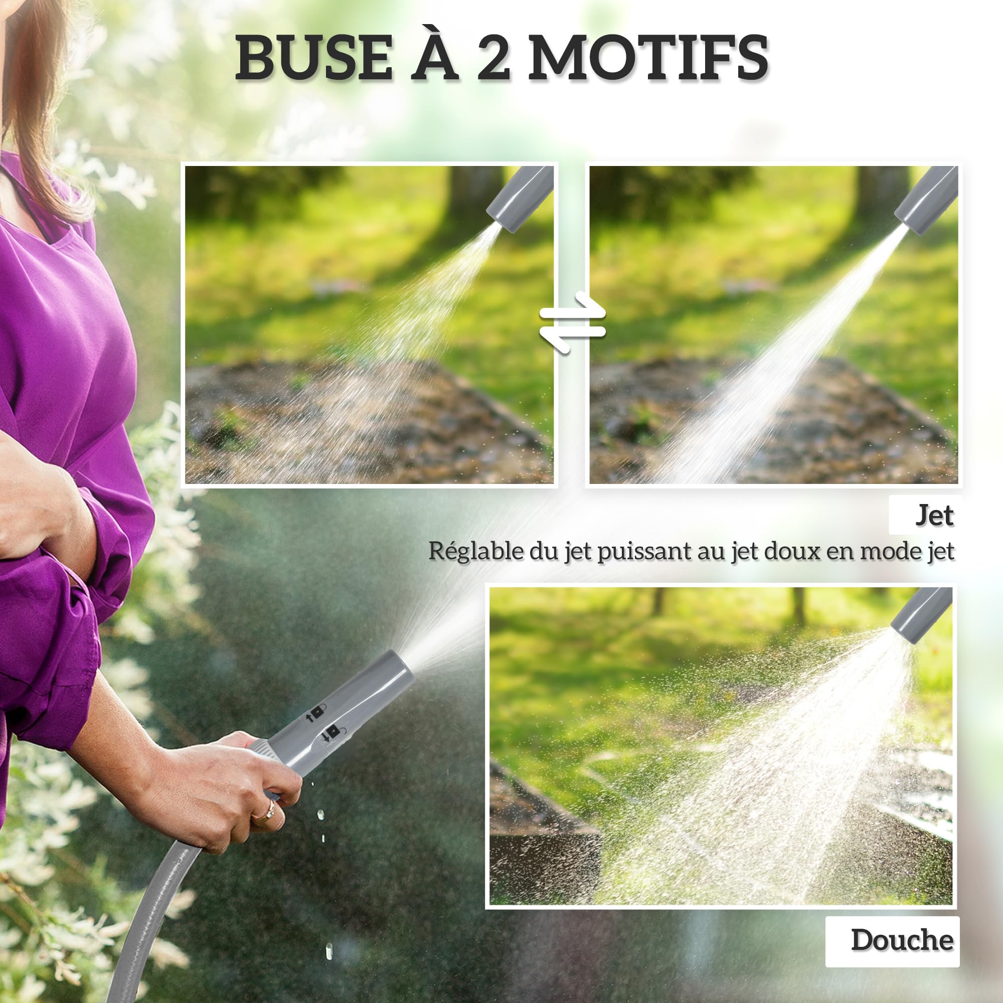 Outsunny Avvolgitubo da giardino con 20 m e tubo di ingresso da 2 m, da appoggiare o fissare a parete, ugello di spruzzatura regolabile 2 in 1