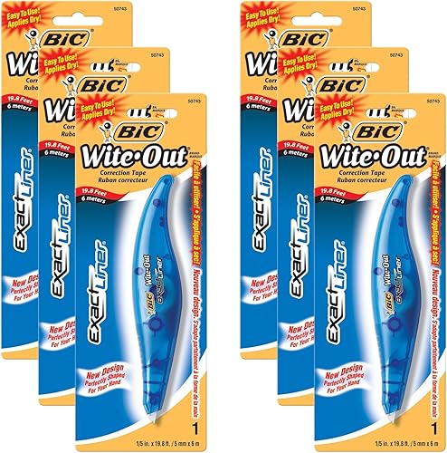 BIC White-Out Exact Liner Correction Tape Pen 1/5"x236" Paquete de 6 bolígrafos (WOELP11)