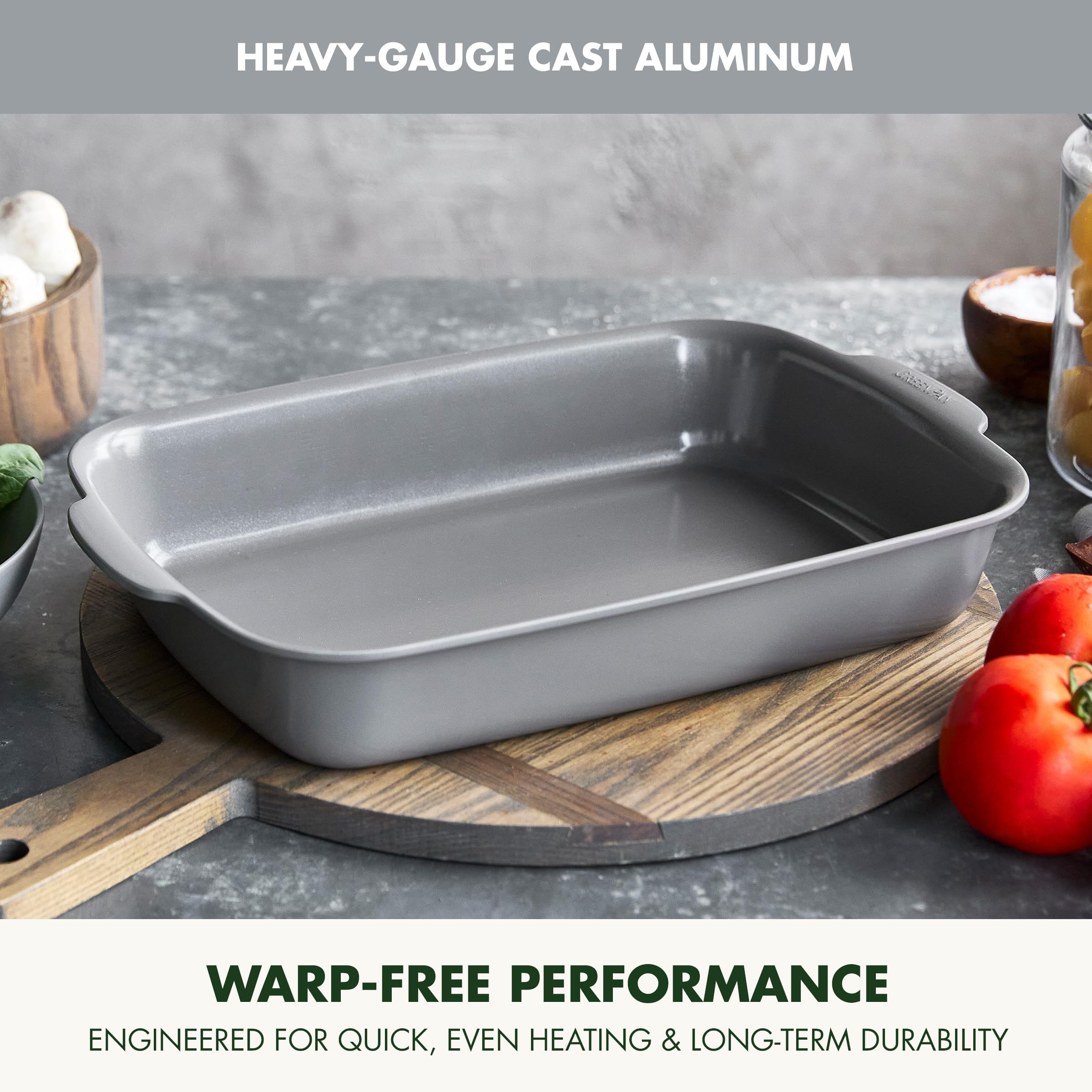 Greenpan Premiere Ovenware Healthy Ceramic antiaderente 33 x 22,9 cm, rettangolare in alluminio pressofuso, senza PFAS, grigio