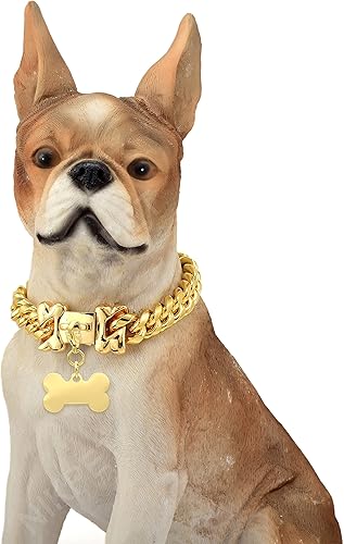 Miniatura 4 de Collar de perro de cadena dorada de metal de acero inoxidable con eslabones cubanos de eslabones cubanos fuerte y resistente, a prueba de mordidas,