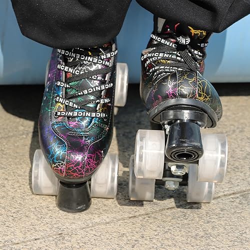 Miniatura 6 de Patines de ruedas para hombres y mujeres, patines Derby negros con 4 ruedas brillantes, patines clásicos de doble fila para interiores y exteriores