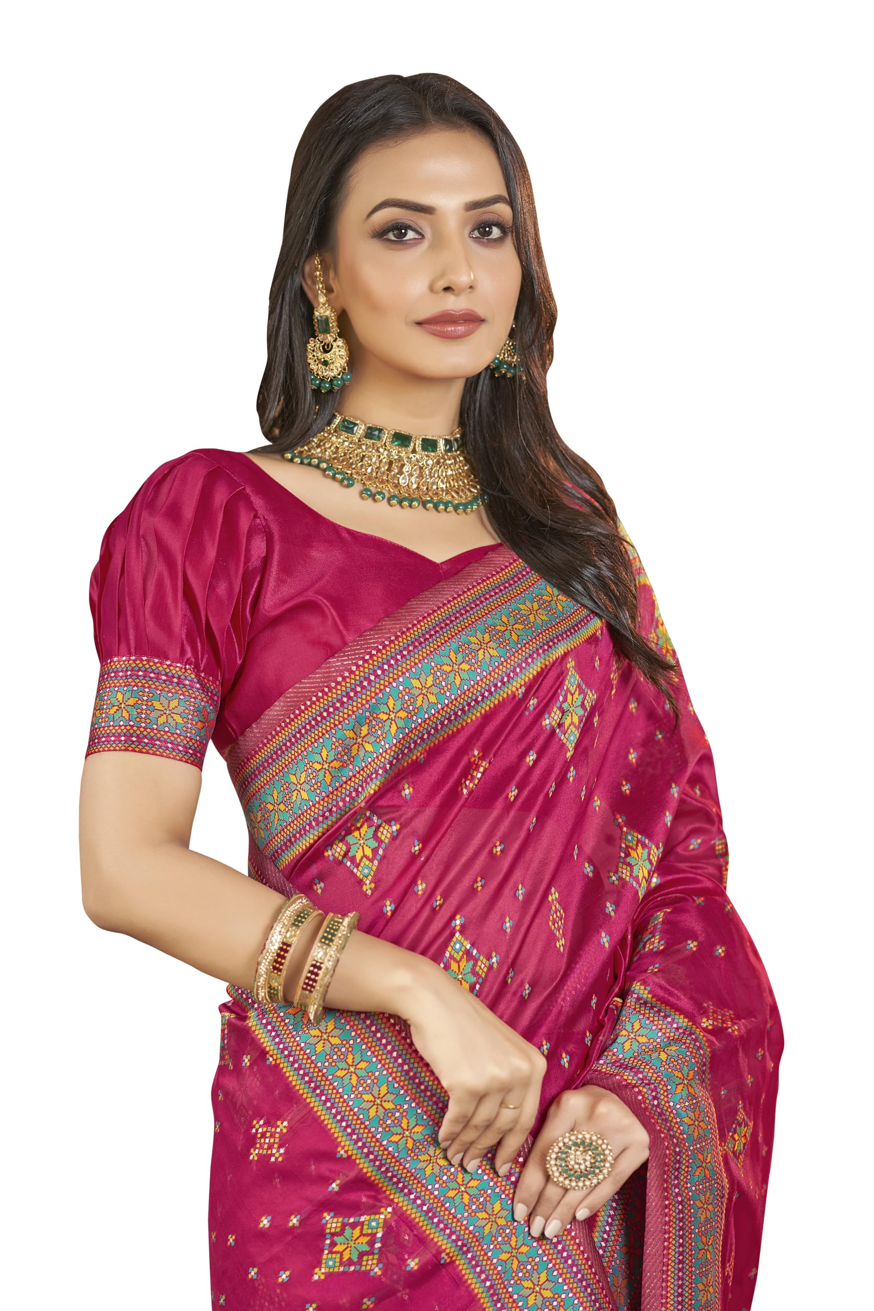 Glory Sarees Women's Kashmiri Pashmina Organza Silk Woven Saree With Blouse Piece (Heritage_Silk109_Rani)