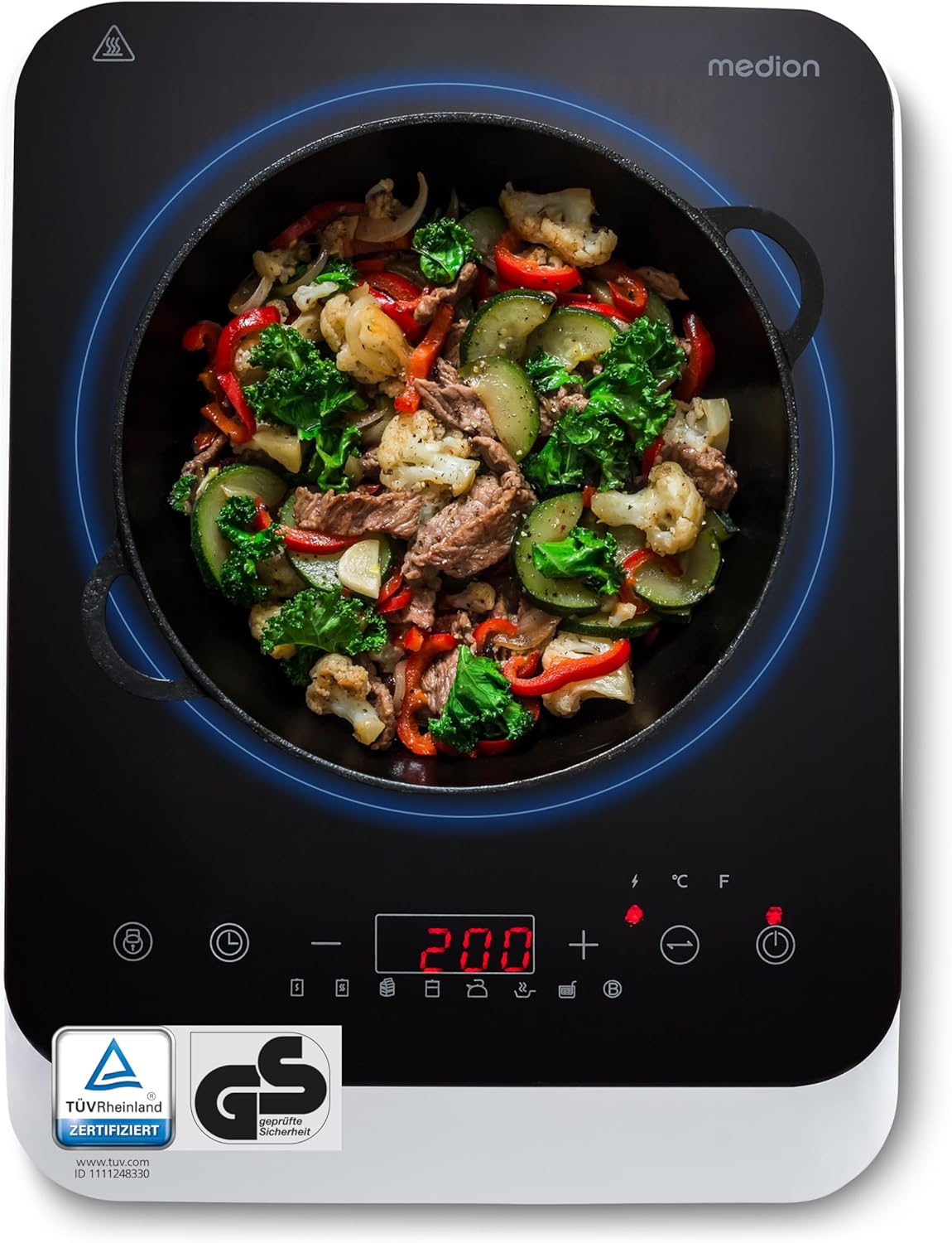 MEDION Induction hob (single, 2000 Watt, induction hob, 8 automatic programs, automatic pan recognition, sensor touch, LED display, 10 temperature settings, crystal glass plate, MD 184