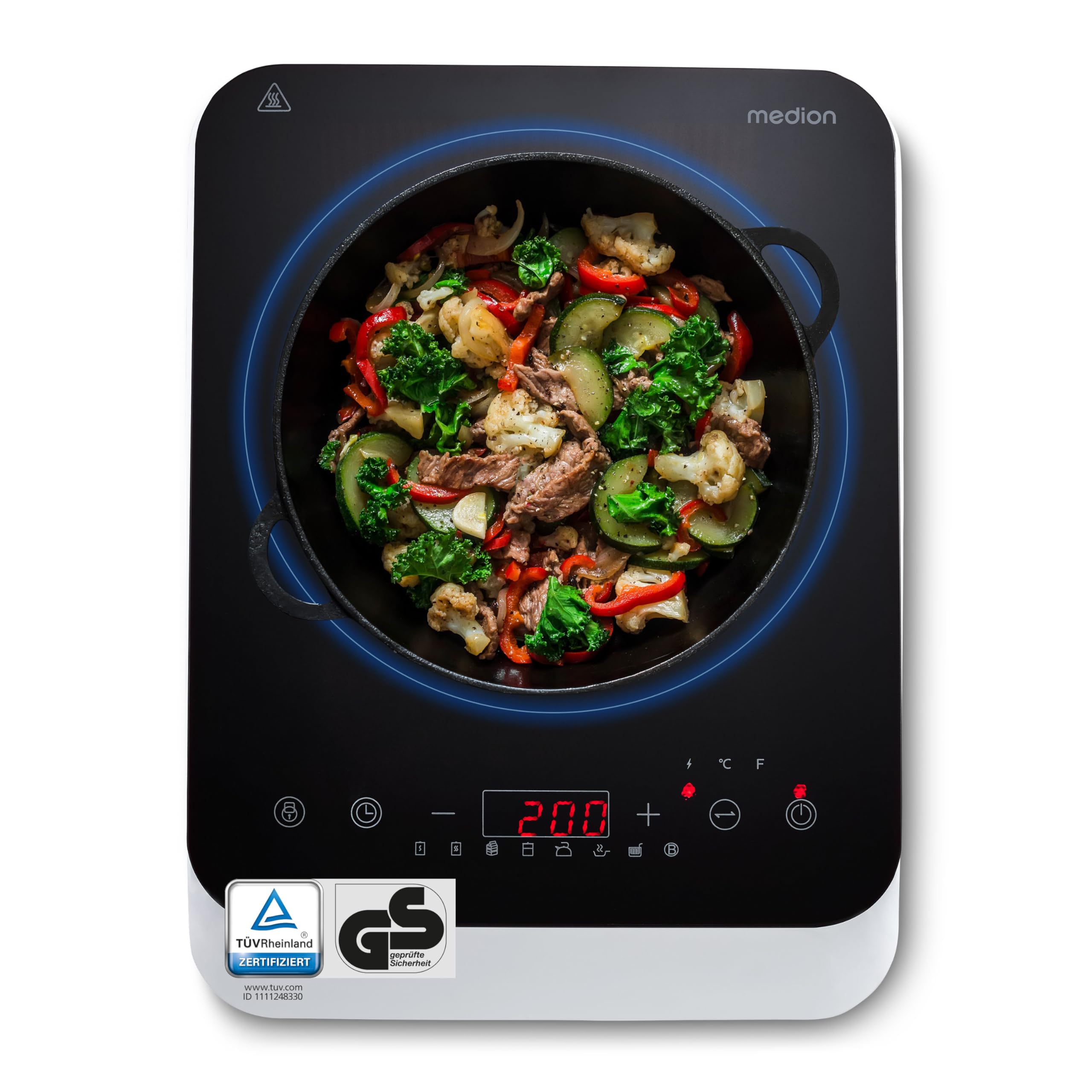 Piano Di Cottura A Induzione Medion (Singolo, 2000 Watt, Piano Di Cottura A Induzione, 8 Programmi Automatici, Rilevamento Automatico Delle Pentole, Sensor Touch, Display Led-image
