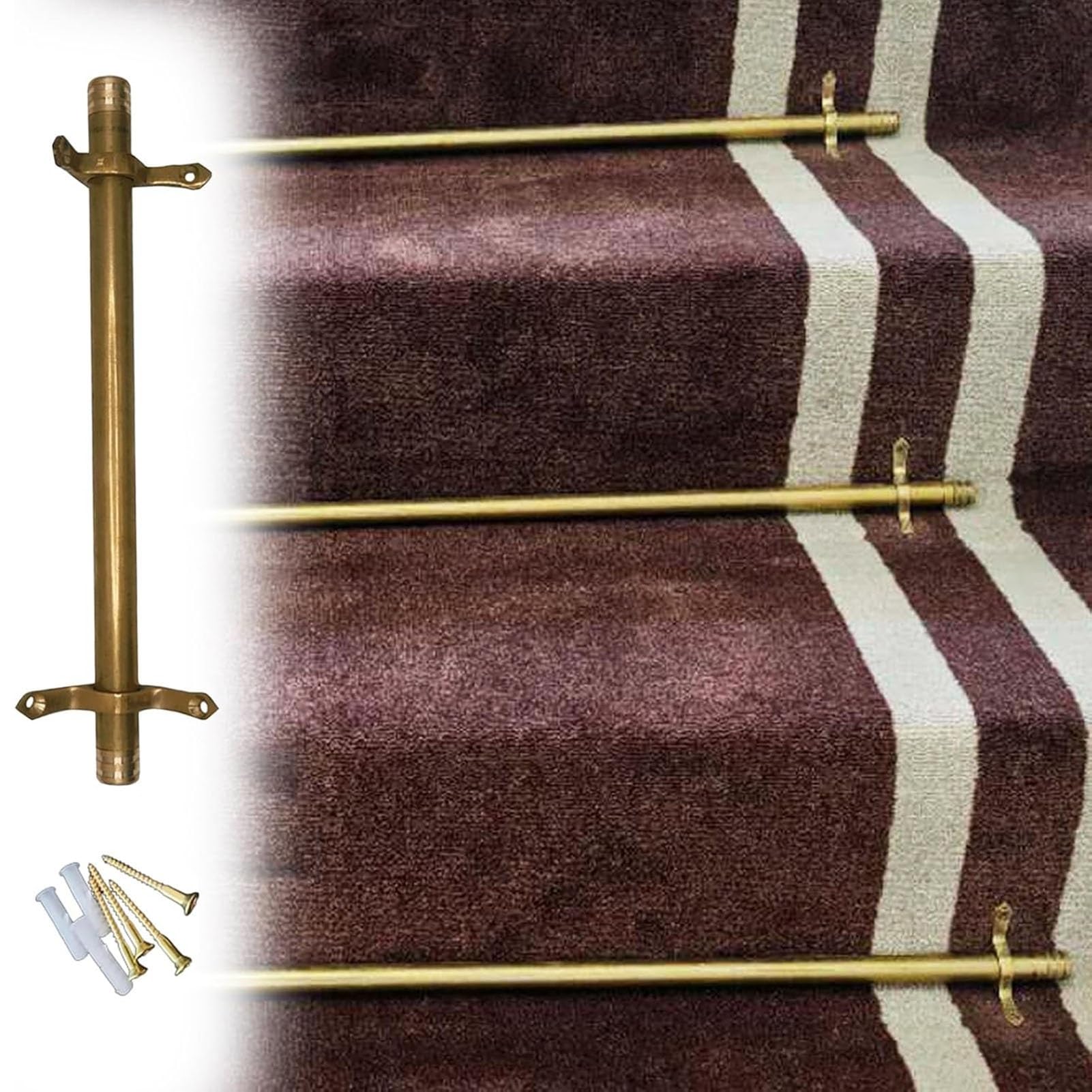 asdchZen Stair Carpet Rod,Antique Brass Stair Rods 20-50" Carpets, 38In, Includes End Caps & Brackets, Easy Installation For Secure Carpet Runners On Stairs,15pcs-86cm(34in)