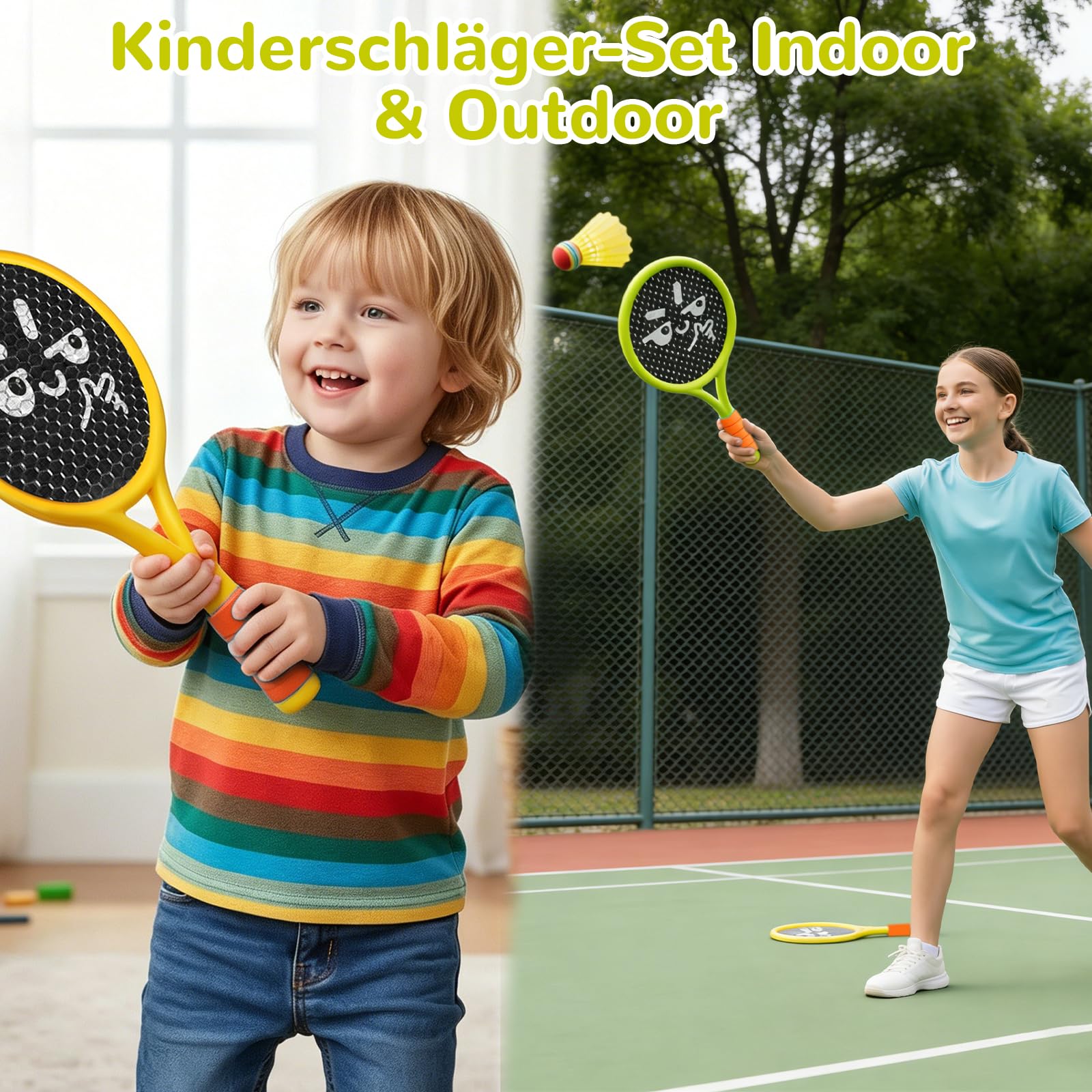 Kinder Schläger Set, Ballspiele für Draußen Kinder, Enthalten 2 Kunststoff-Tennisschläger, 2 Federbälle, 2 Tennisbälle, 2 Gummibälle, für Anfänger, Drinnen Draußen, Fördert die Sportlichen Fähigkeiten