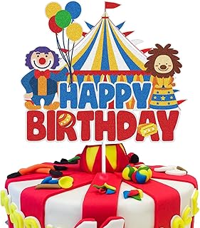 KEWEYA Circus Happy Birthday Cake Topper Decorations Red Blue Carnival Theme Birthday Cake Decor Party Supplies Circus Theme Cake Backdrop for Kids Baby Shower Sign