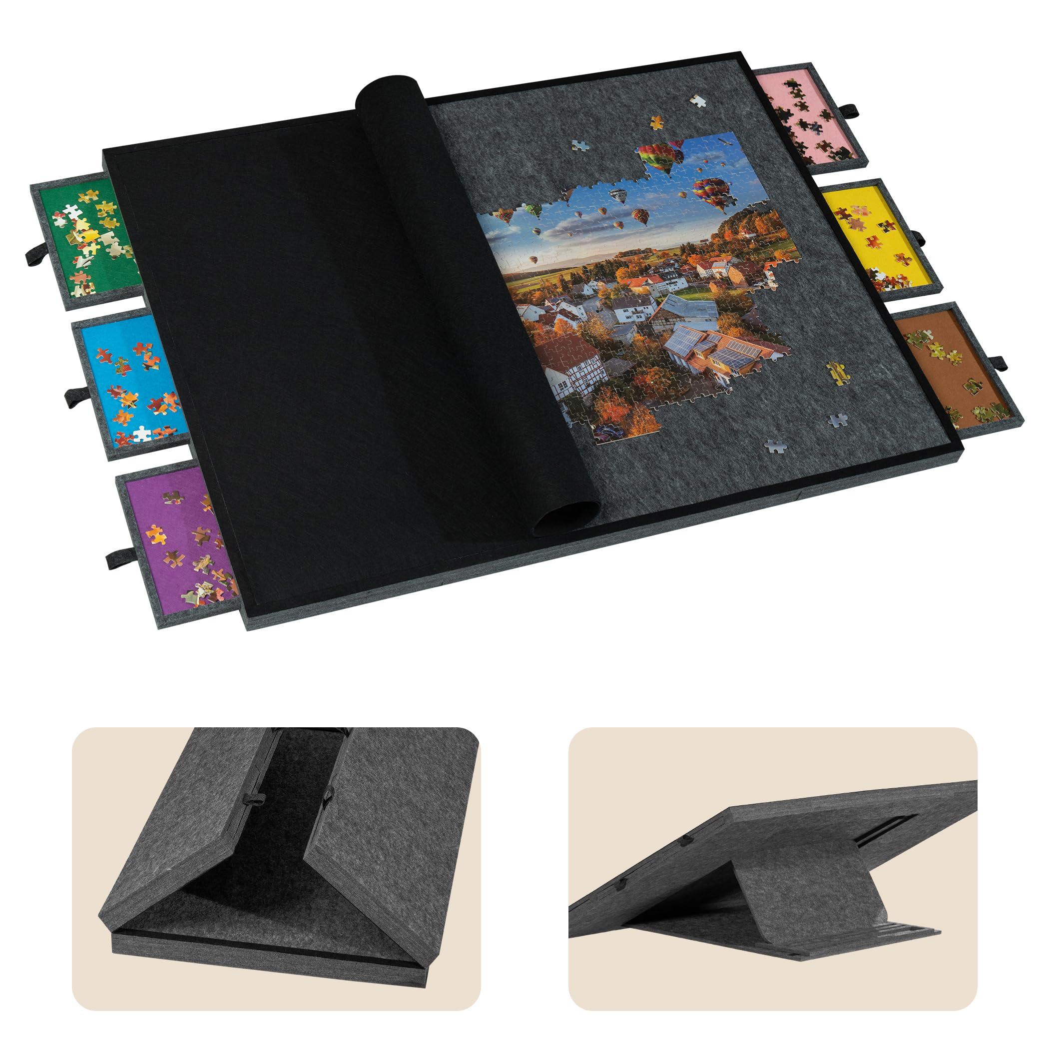Tektalk Tavolo puzzle pieghevole con coperchio, 3 angoli di inclinazione, in feltro leggero e portatile, con 6 cassetti di classificazione, per fino a 2000 pezzi, grigio scuro