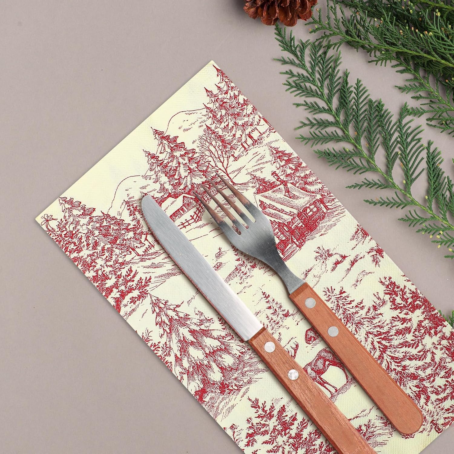 Epakh 100 Pcs Christmas Toile Napkins Disposable Christmas Red Bathroom Guest Hands Towels Rustic Vintage Country Toile Tissue Paper Napkins 2 Ply for Home Party Holiday Decorations, 7.9 x 4.3 Inch