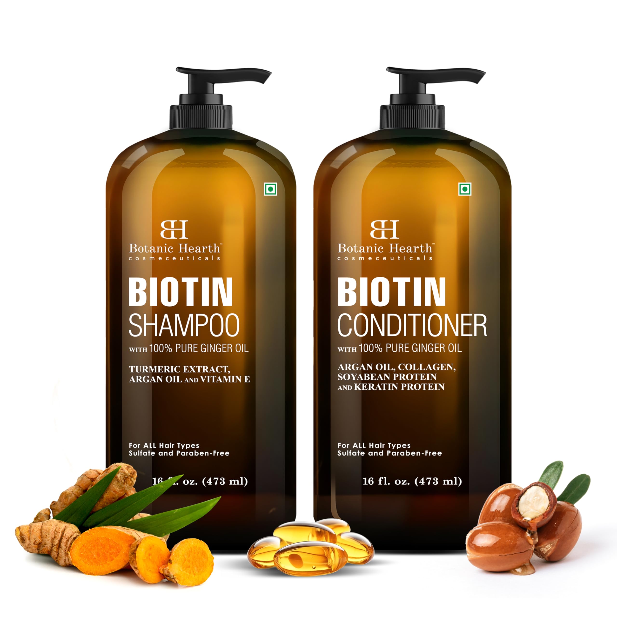 Botanic Hearth Biotin Shampoo and Conditioner Set - with Ginger Oil & Keratin for Hair Loss and Thinning Hair for Men and Women - Sulfate Free, 16 fl oz each