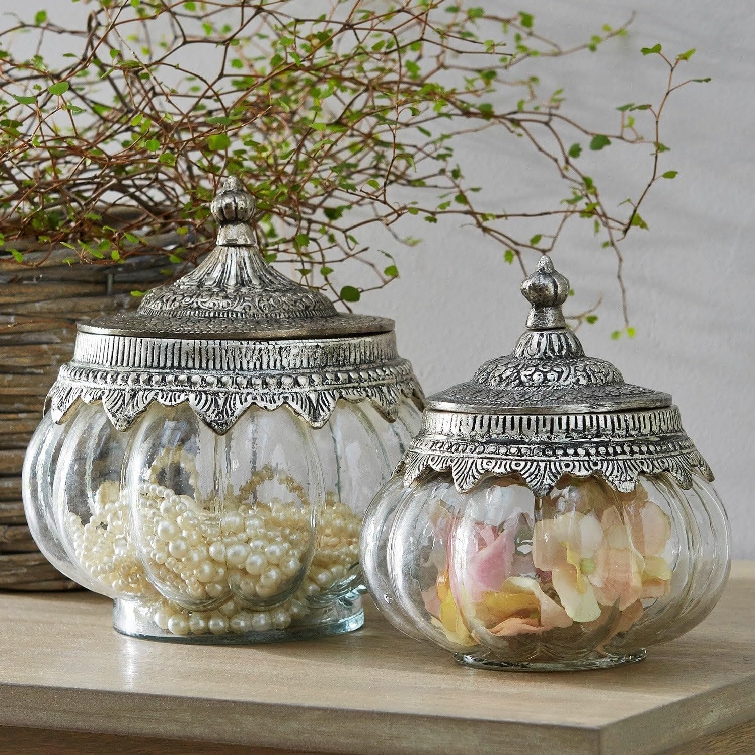 Loberon Madelon Coppia di contenitori in Vetro - Coperchi di Ferro Decorati artisticamente - Vetro dalla Forma Meravigliosa, Trasparente/Argento