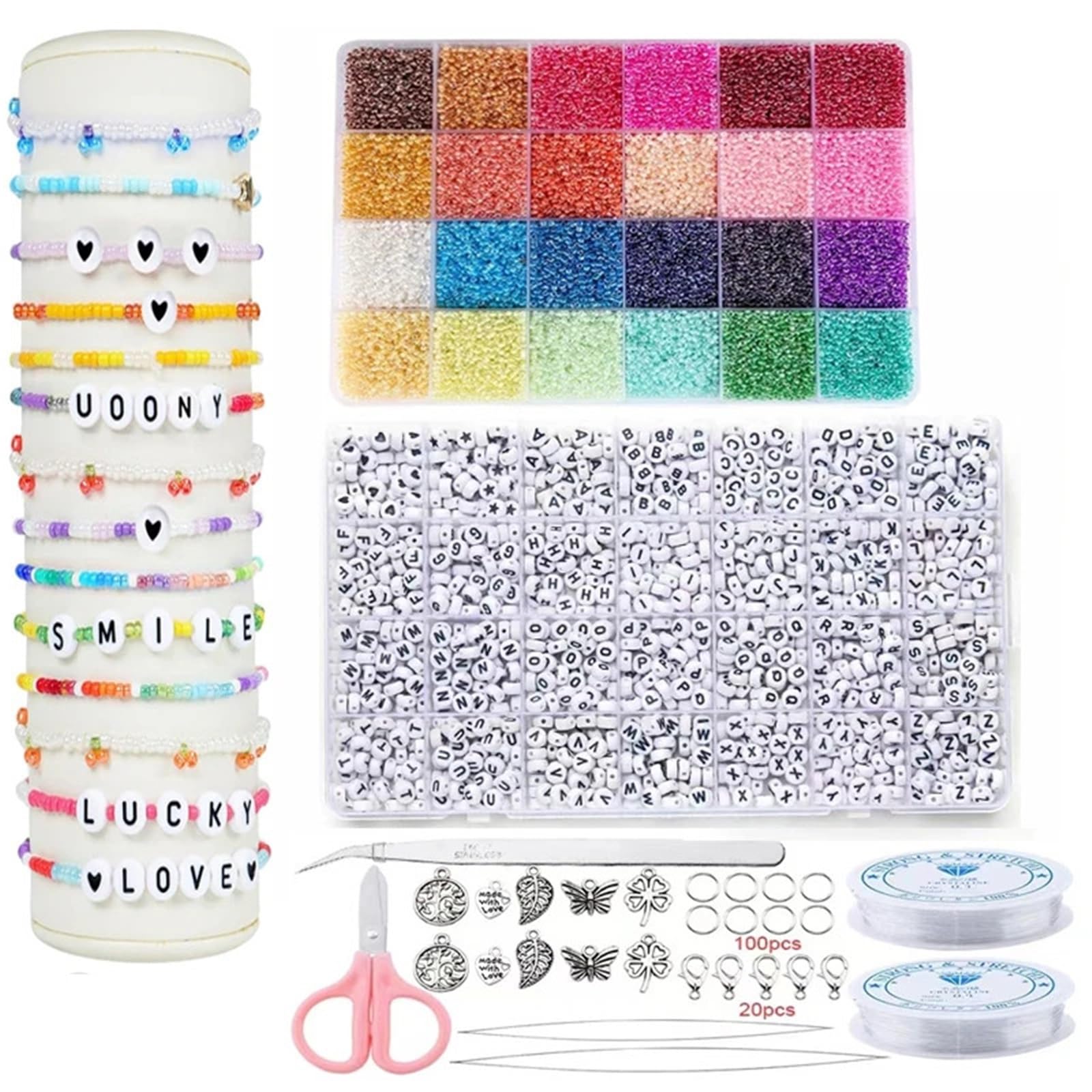 Kit per Fare Braccialetti 2 scatole di perline vetro e con lettere nei colori dell'arcobaleno for la creazione gioielli, braccialetti dell'amicizia ciondoli accessori fai da te(Color 2)