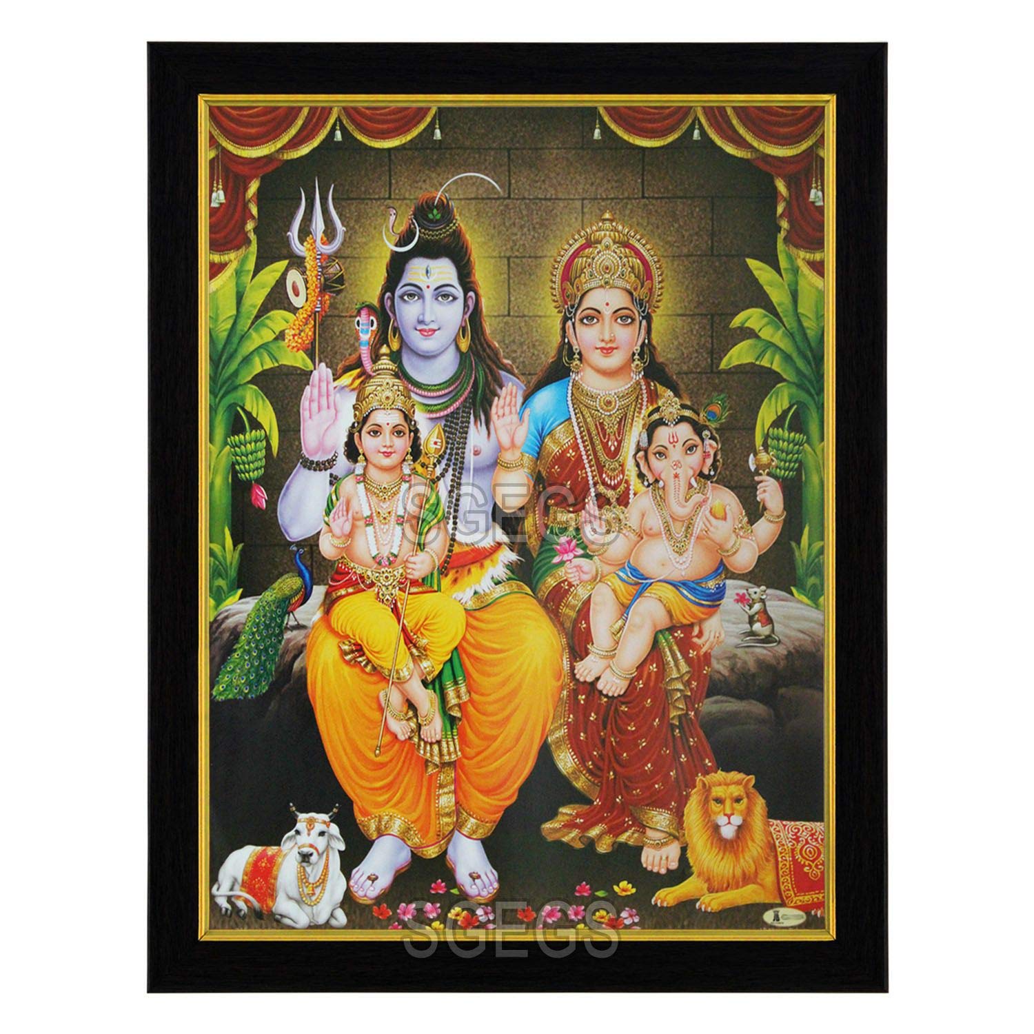 SHREE GANESH ENTERPRISE GIFTING SOLUTIONS God Shiv Parivar HD Photo Frame Goddess Parvati Ganeshji Kartikeya Painting Pooja Wall Hanging (Wood, Poster with Frame, Multicolour, 23.5X1x31cm)