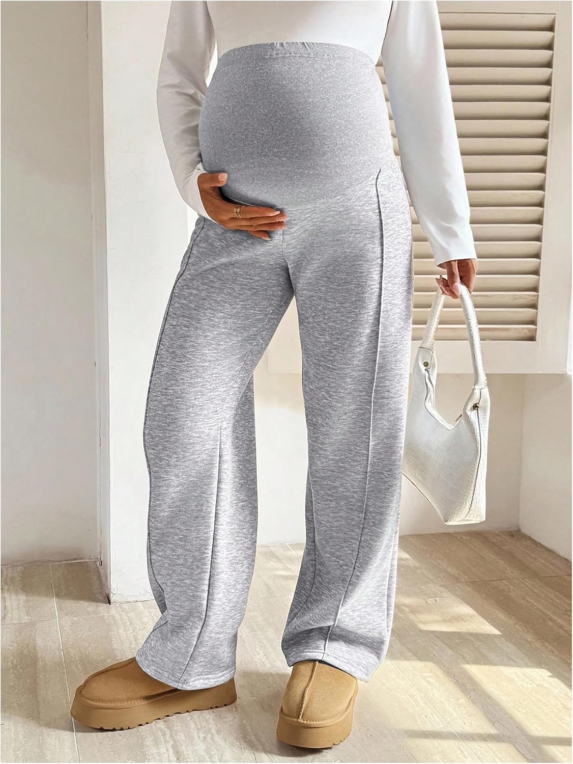 Milumia Women's Maternity Fleece Sweatpants Elastic High Waist Wide Leg Casual Lounge Trousers - Image 3