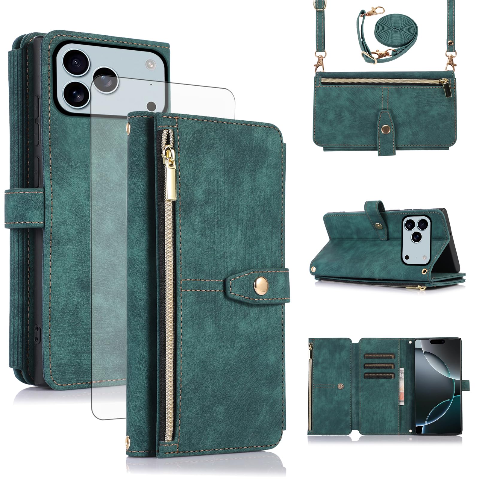 Asuwish Handyhülle für iPhone 17 Pro Hülle mit Band Folie Schutzfolie Kartenfach Klappbar Leder Geldbörse Ständer i Phone17 17Pro Prohülle Handy Hüllen Schutzhülle Phone Case Grün
