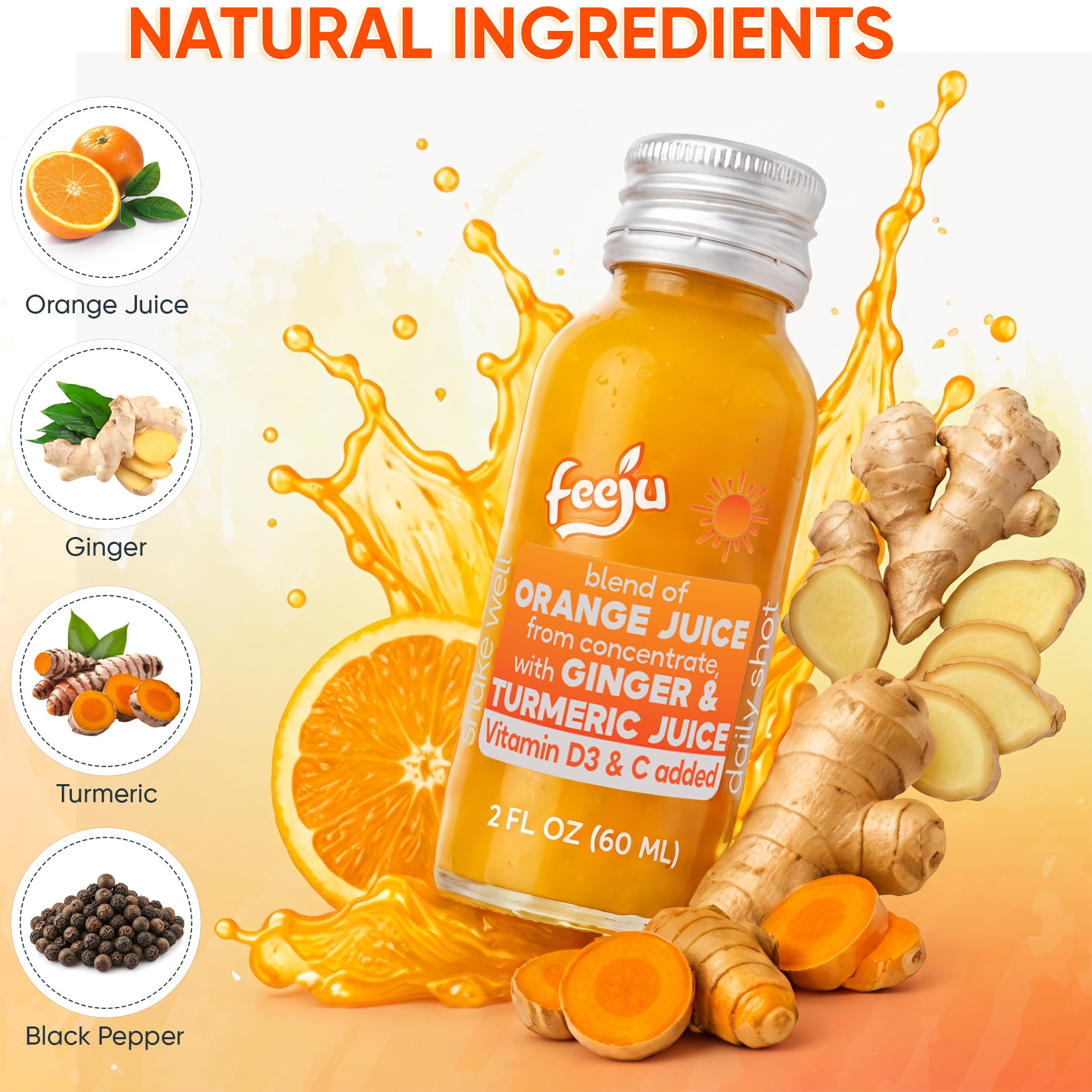 Feeju 15 PCS Orange Ginger Turmeric Shots 60ml | Immune Support & D3 — Amazon image 4