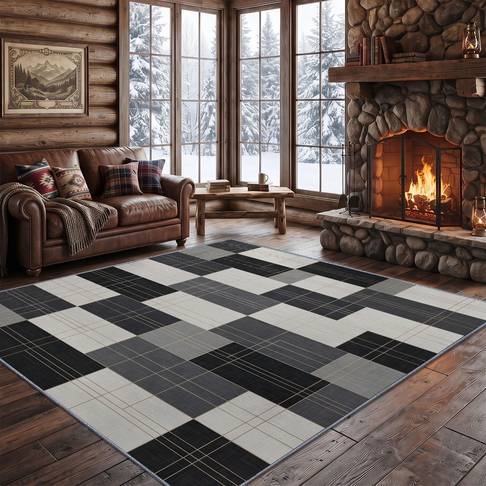 Tapis Salon Motif Damier, Moquette Lavable en Machine, 160 x 230 cm | Carré Tartan Bloc De Couleur Tapis avec Dessous Antidérapant, Tapise Décoratif pour Chambre, Cuisine, Entrée et Maison,Gris