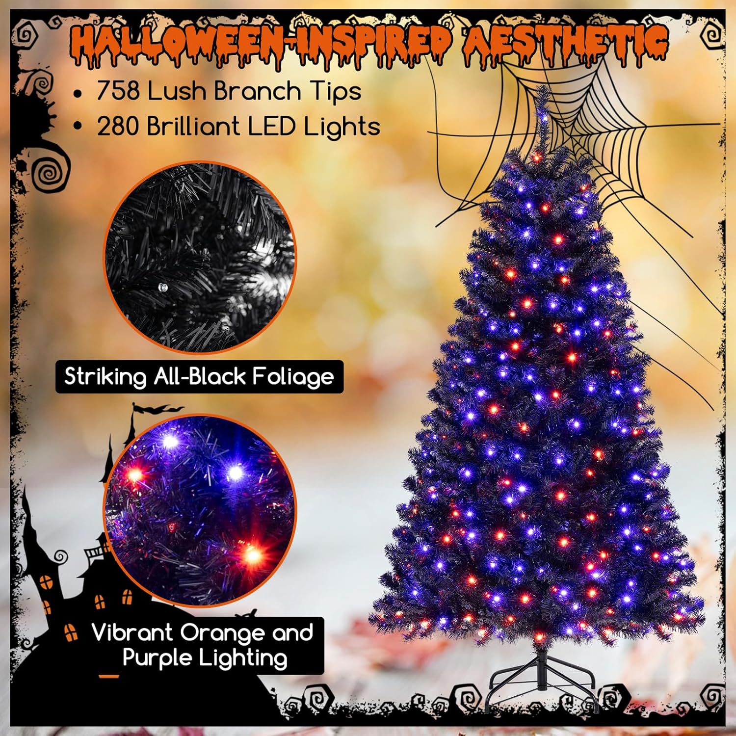 Goplus 6 FT Pre-Lit Black Christmas Tree, Artificial Hinged Halloween Tree with 280 Orange & Purple LED Lights, 6 Lighting Modes, Spooky Sounds, 758 Branch Tips, Xmas Tree for Home Office Decoration 6 FT Orange+purple