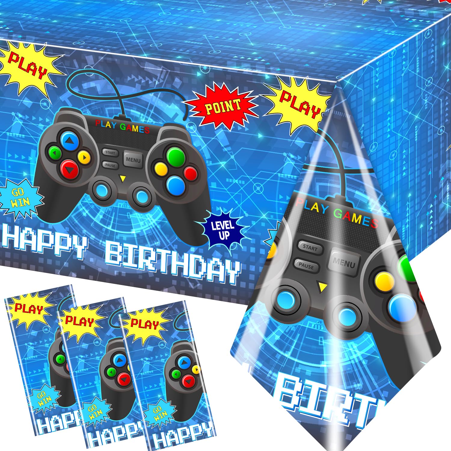 OGMOGKW Gamer Birthady Party Decorations Tablecloth,3pcs Blue Video Game Table Cover Gaming Birthday Plastic Tablecloth for Boys Birthday Game Theme