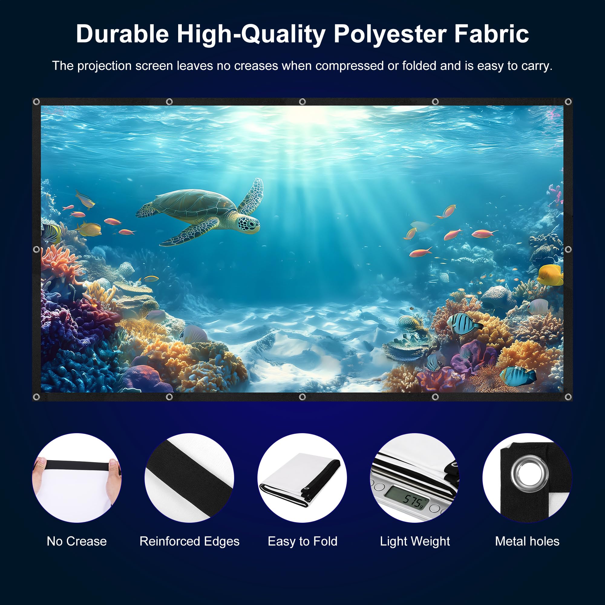 Tela per proiettore da 120", 16:9, HD, pieghevole, 265 x 150 cm, portatile, anti-pieghe, per esterni e interni, lavabile, per casa, scuola, riunioni, campeggio