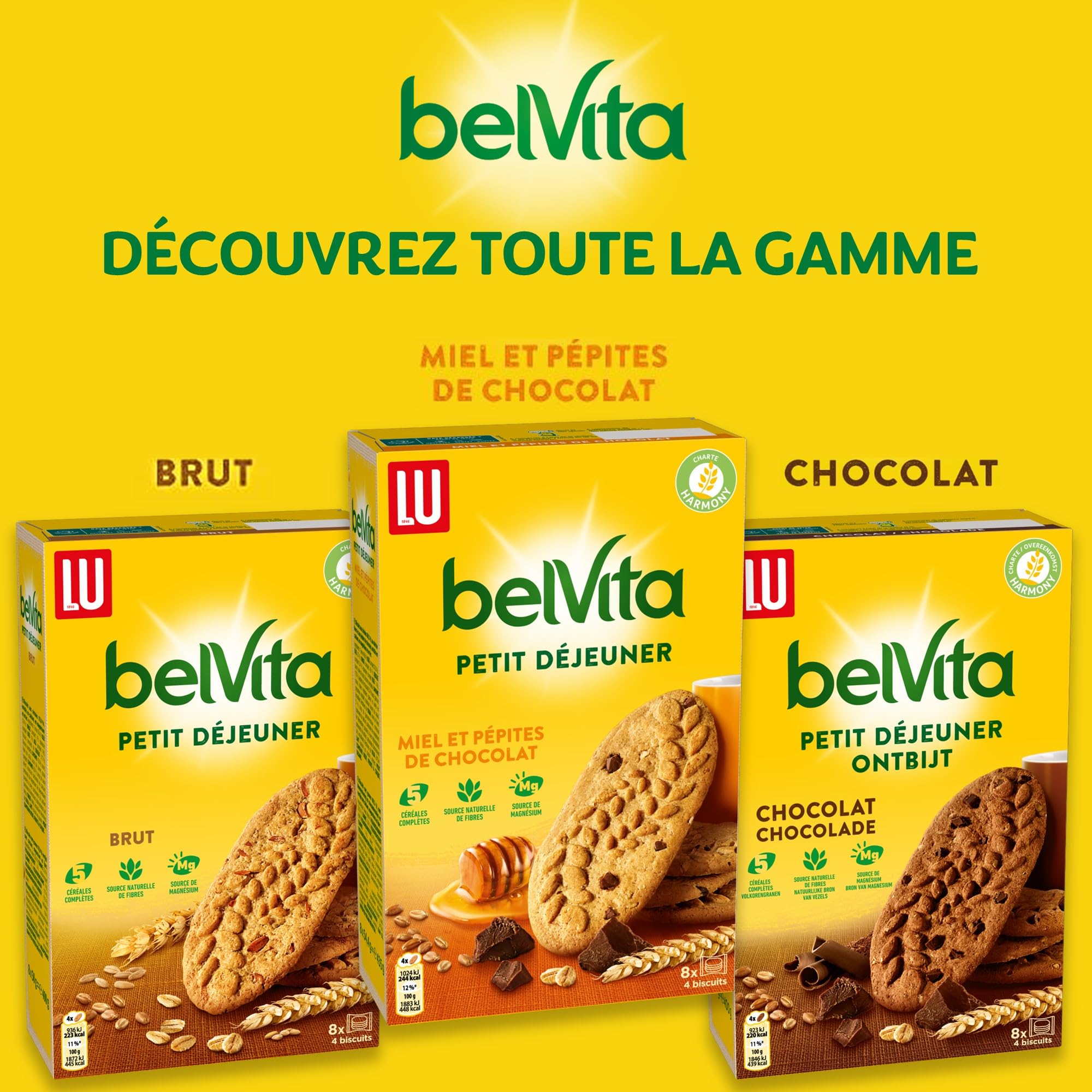 Lu Belvita Petit Déjeuner - Biscuits Miel et Chocolat - 21x400g | 21 Boîtes de 400g | Biscuits croustillants au miel et pépites de chocolat, 5 céréales | Idéal petit déjeuner