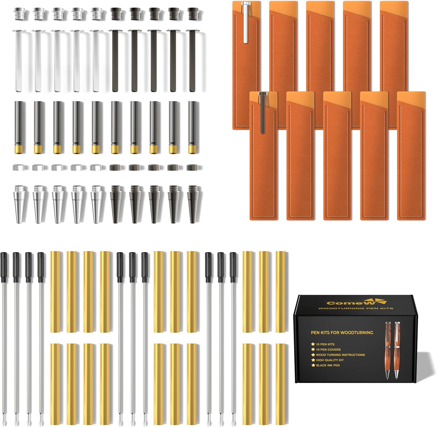 Pen Kits for Woodturning 10 Pack Premium Titanium - Silver with Bonus 10 Pen Covers Making Tools with Black Ink Ballpoint Craft Slimline Rollerball Turning Supplies Twist Set Lathe Turning Accessories