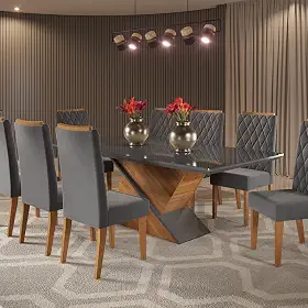 Mesa de Jantar Retangular 200x90 Noble com 8 Cadeiras Iza Mel/Grafite