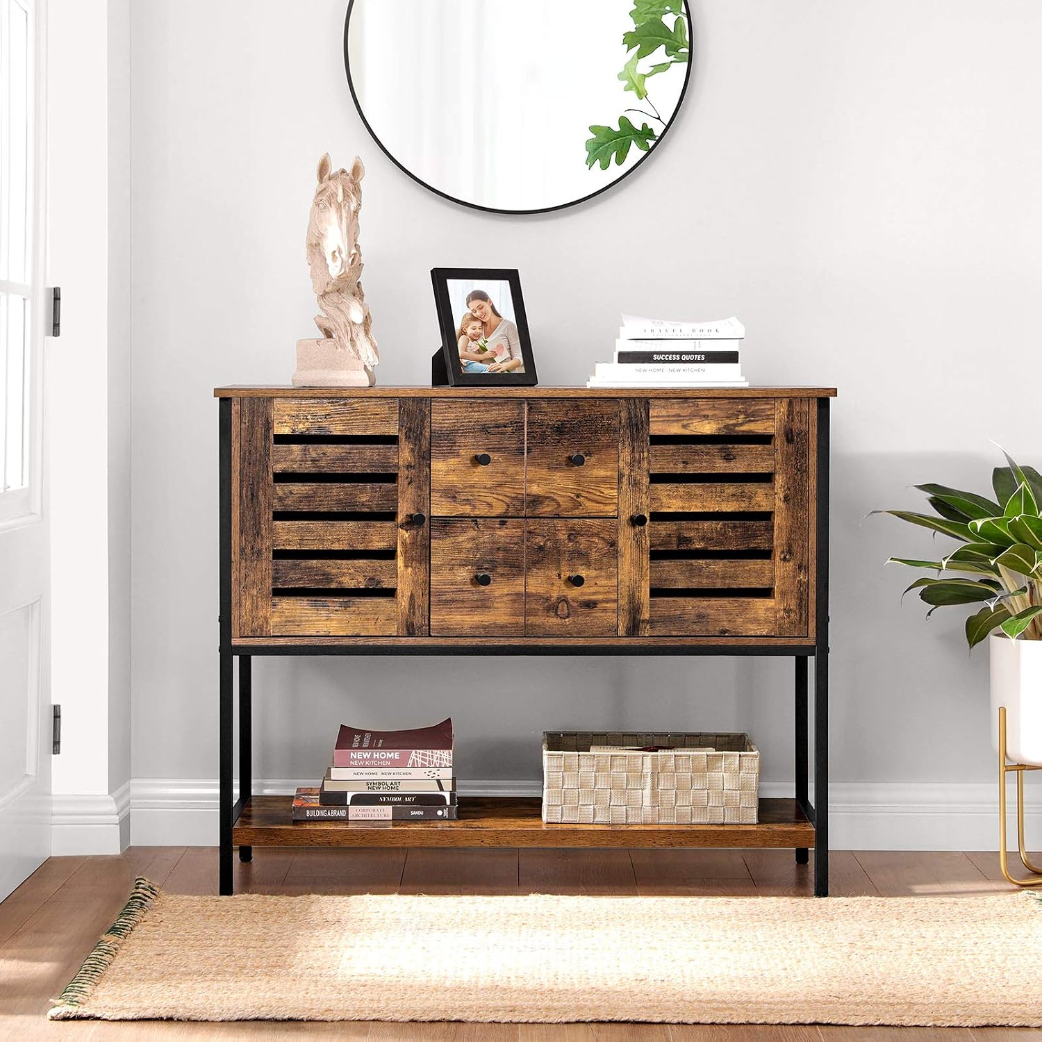 VASAGLE Lowell Storage Cabinet, Buffet Table, Floor Cabinet and Sideboard with 2 Drawers, 2 Cupboards, and Shelf, for Living Room, Kitchen, Industrial, Rustic Brown and Black ULSC082B01