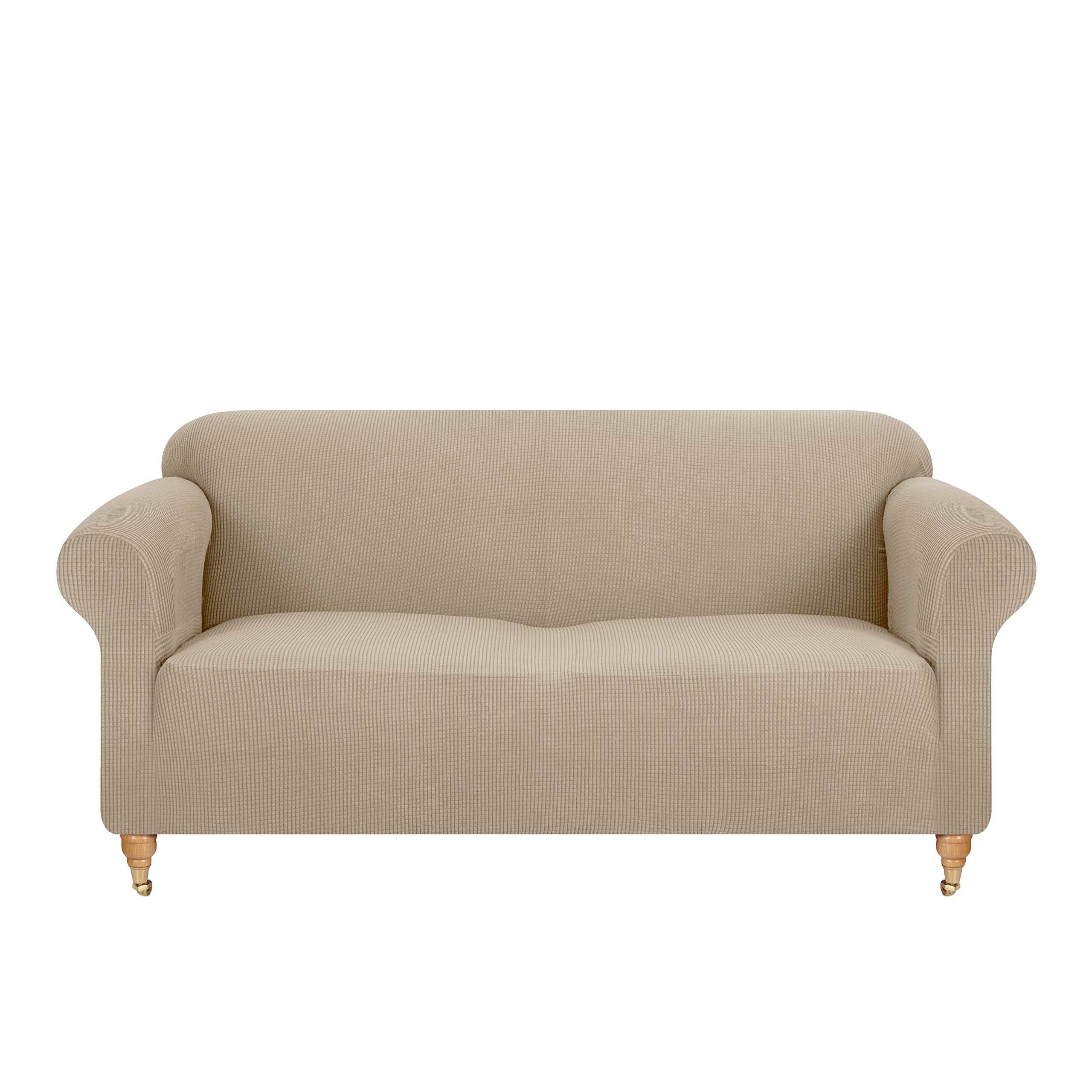 viceroy bedding PREMIUM STRETCH Thick Sofa Covers 1/2/3/4 Seater Sofa Furniture Protector EASY FIT ELASTIC Jacquard Fabric Couch Settee Slipcover BONUS SIDE STORAGE POCKET (Beige, 2 Seater)