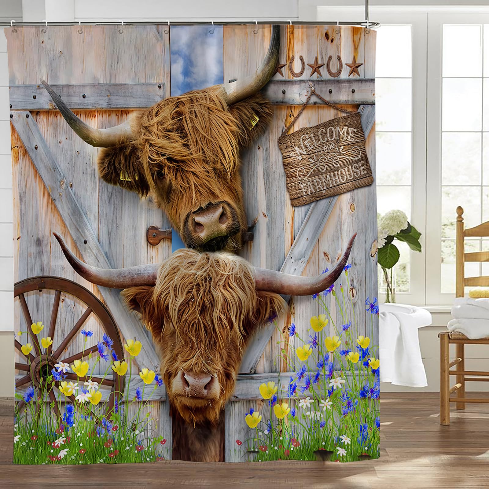 Photo 1 of Farmhouse Highland Cow Shower Curtain Rustic Country Cow Cattle Shower Curtain Waterproof Fabric Bathroom Decor Curtain with Hooks 60"x72" Farmhouse Floral 60x72 Inch