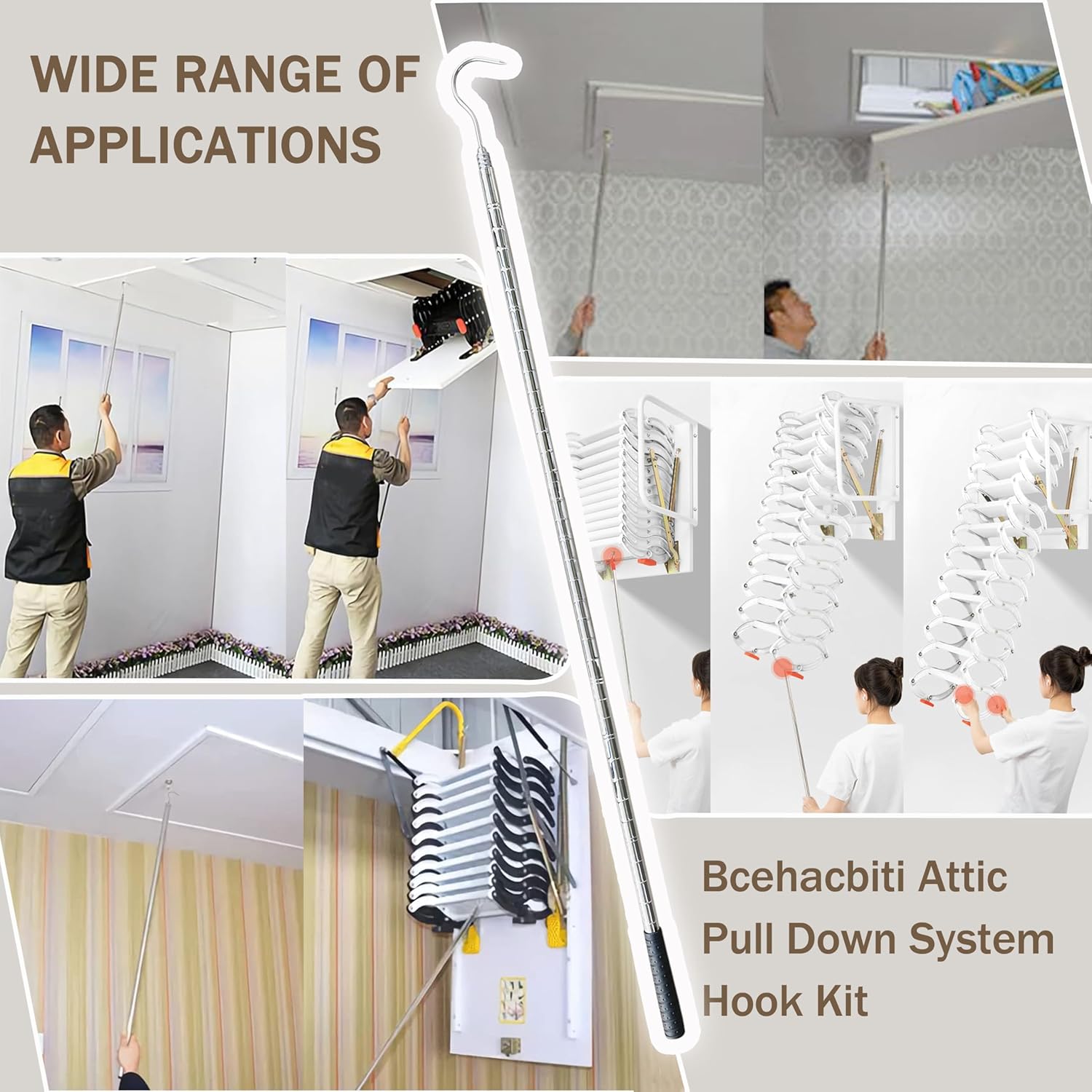 Complete Ladder Pull Down System Kit, Attic Pull System Hook Set Replacement for Cord Ropes with 48.4 Inch Extension Pole and Copper Storage Hook Handle Parts Tool