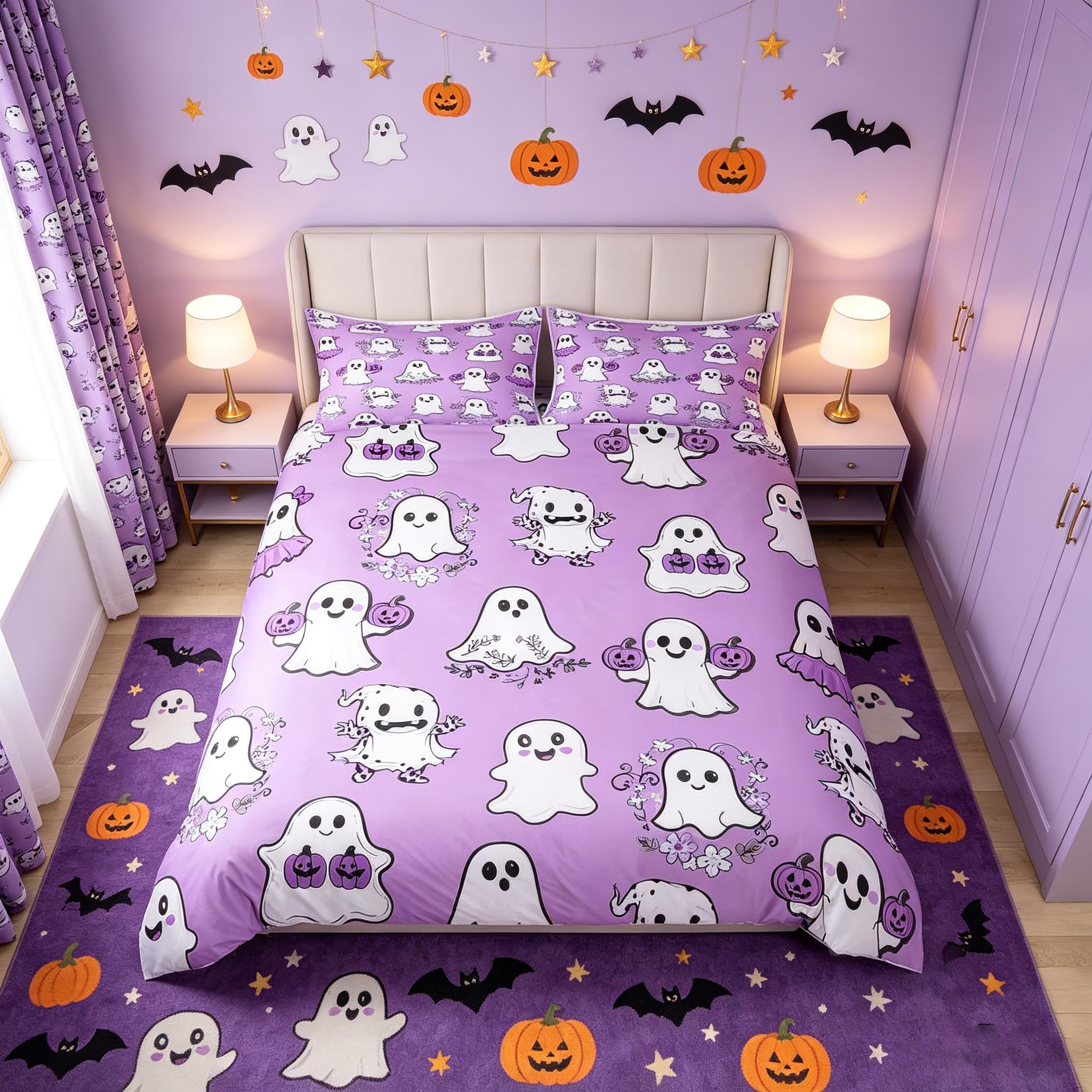 Housse de couette Halloween enfant grand lit violette avec taies