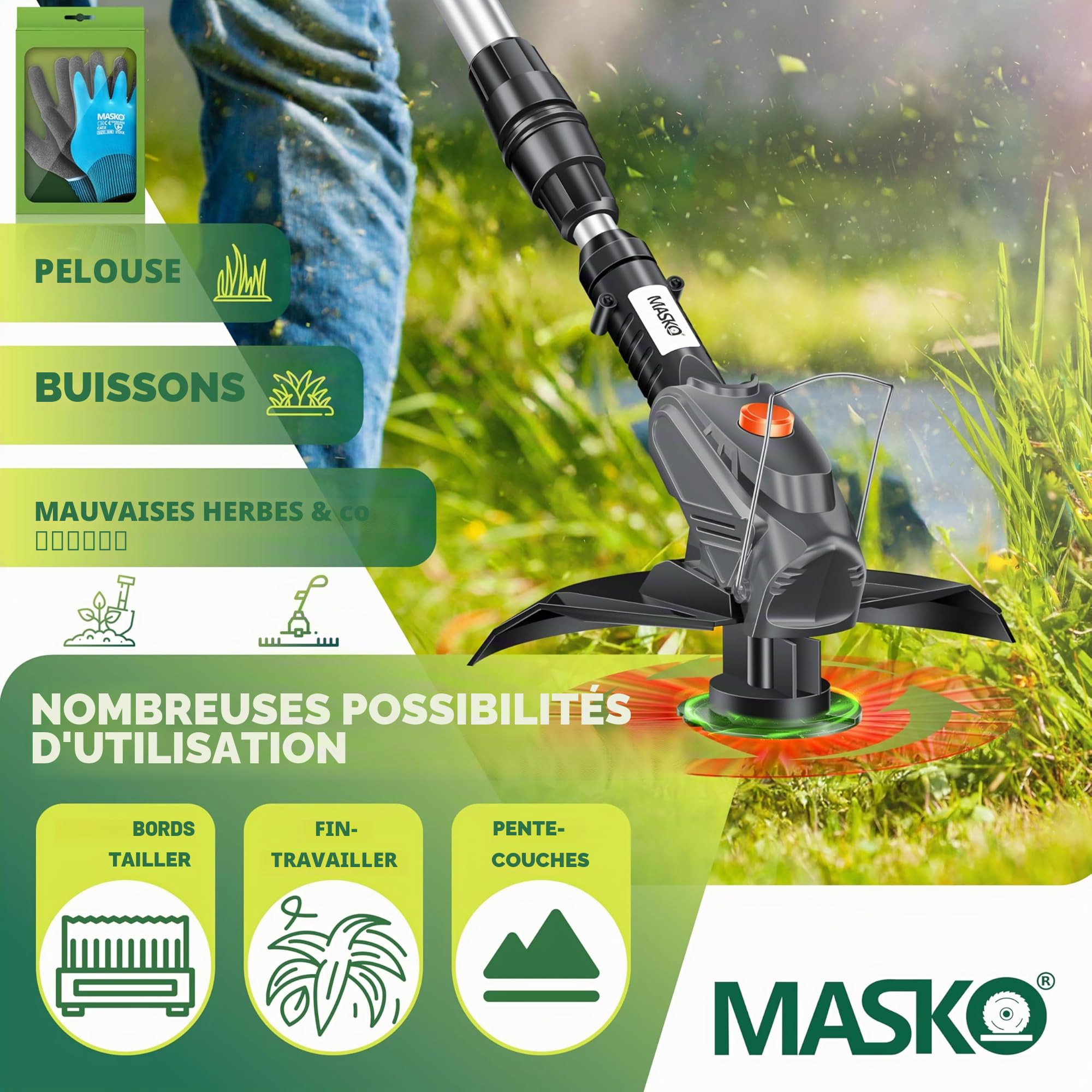 Débroussailleuse sans Fil MASKO® avec Batterie Li-ION 20 V, Batterie 2,0 Ah et Chargeur, Largeur de Coupe 260 mm, Angle de Coupe 180°, Manche télescopique et poignée supplémentaire + Accessoires