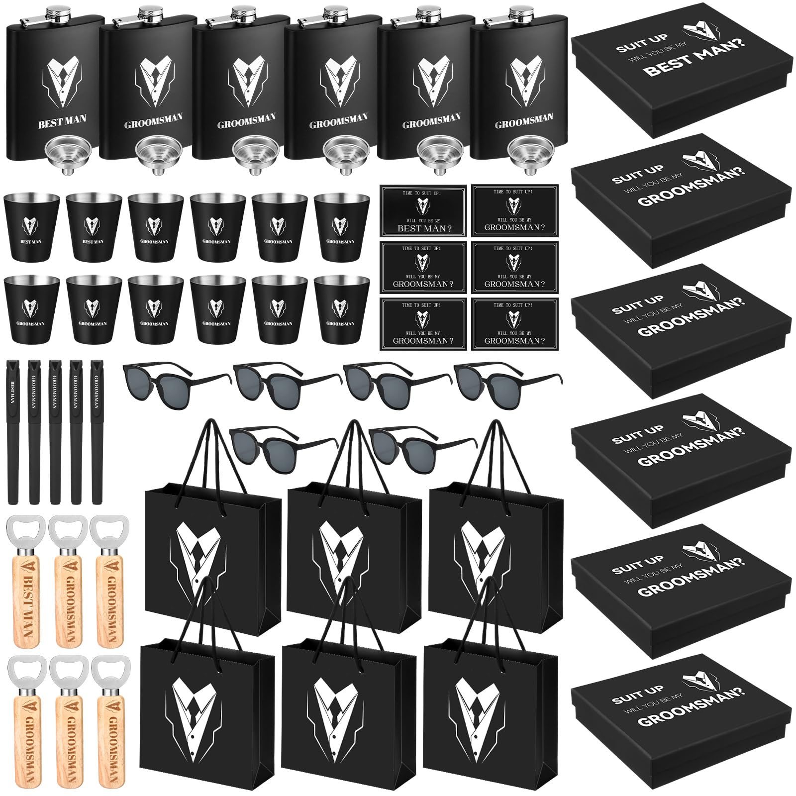 Layhit 60 Pcs Groomsmen Gifts Set of 6 Stainless Steel Shot Glass, Flask, Funnel, Bottle Opener, Pen, Sunglasses, Card, Box, Bag Groomsmen Proposal Box for Wedding Party Present