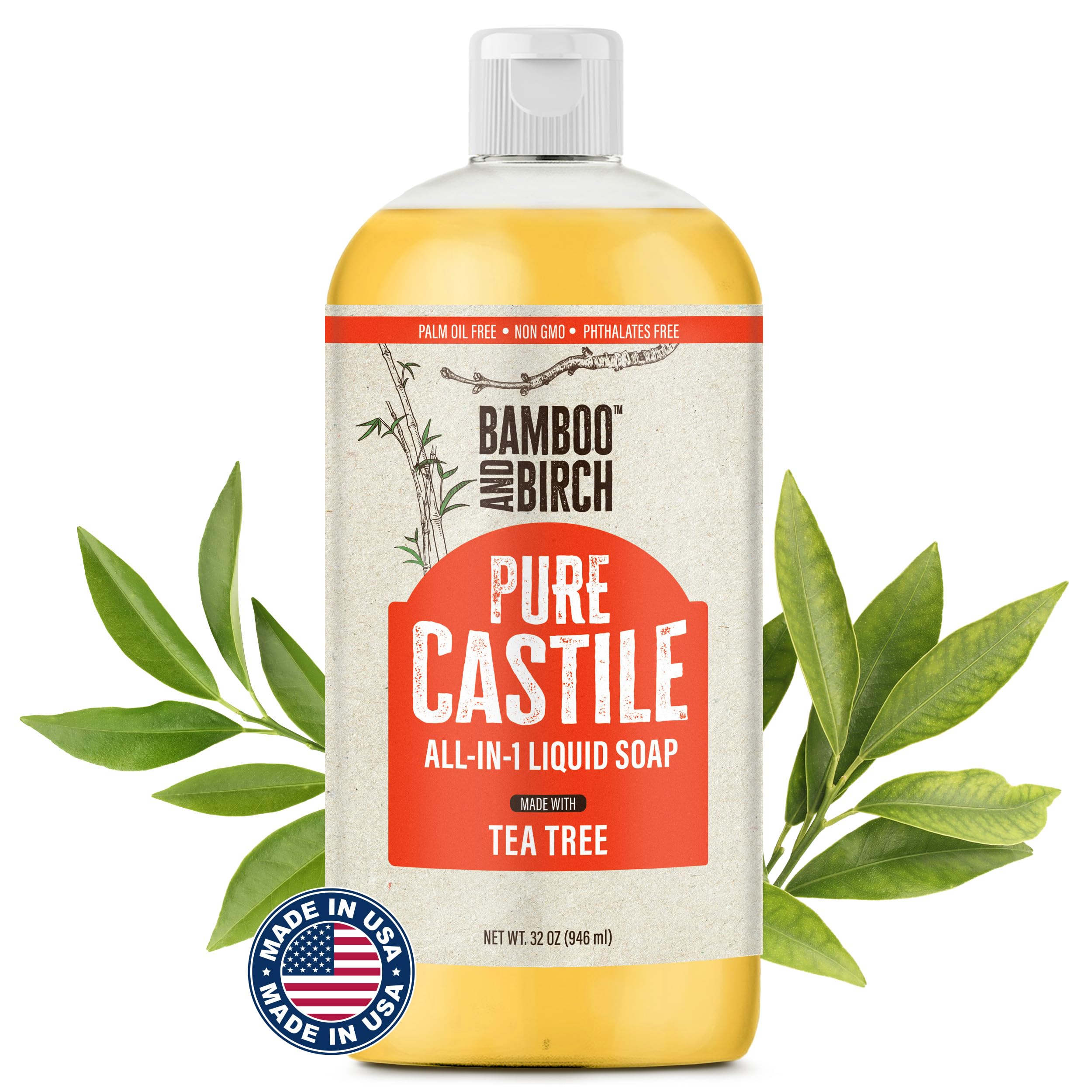BAMBOO AND BIRCH Pure Castile Soap Liquid, Certified Palm Oil Free Natural Soap, Tea Tree, 32 oz