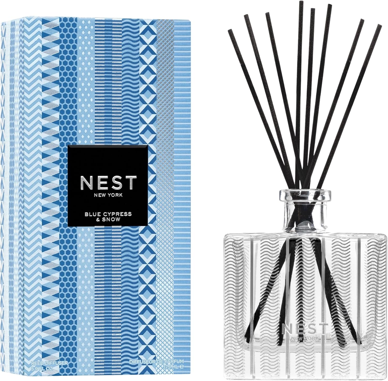 NEST New York Reed Diffuser, Blue Cypress & Snow - The Festive Collection - 5.9 fl oz - Fragrance for Up to 90 Days - Reusable, Refillable Glass Holder - Includes 8 All-Natural Reed Sticks