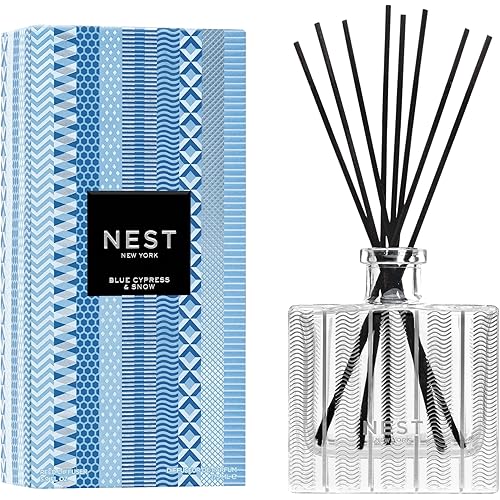 NEST New York Reed Diffuser, Blue Cypress & Snow - 5.9 fl oz - Fragrance for Up to 90 Days - Reusable, Refillable Glass Holder - Includes 8 All-Natural Reed Sticks - Flame Free