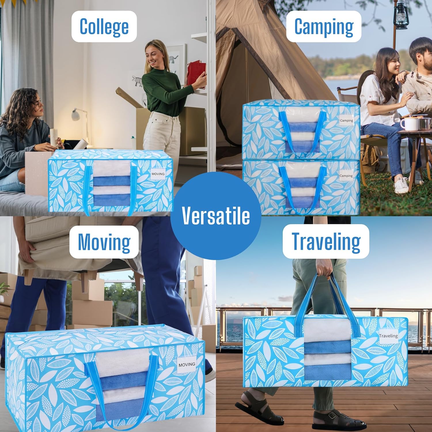 VENO 6 Pack Heavy Duty Moving Bags, Storage Bins with Lids, Transparent Window Design, Alternative to Moving Boxes, Storage Bags for Clothes, Blankets, Comforters (Spring Breeze, 6 Pack)