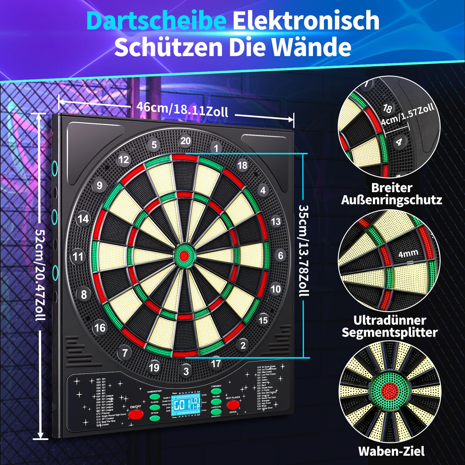 Dartscheibe Elektronisch Profi mit Deutsche Stimme&12 Dartpfeil, Elektronische Dartscheibe mit LCD-Bildschirm, 34 Spiele&355 Variationen, E Dartscheibe Elektronische Dartboard für 1-8 Spieler