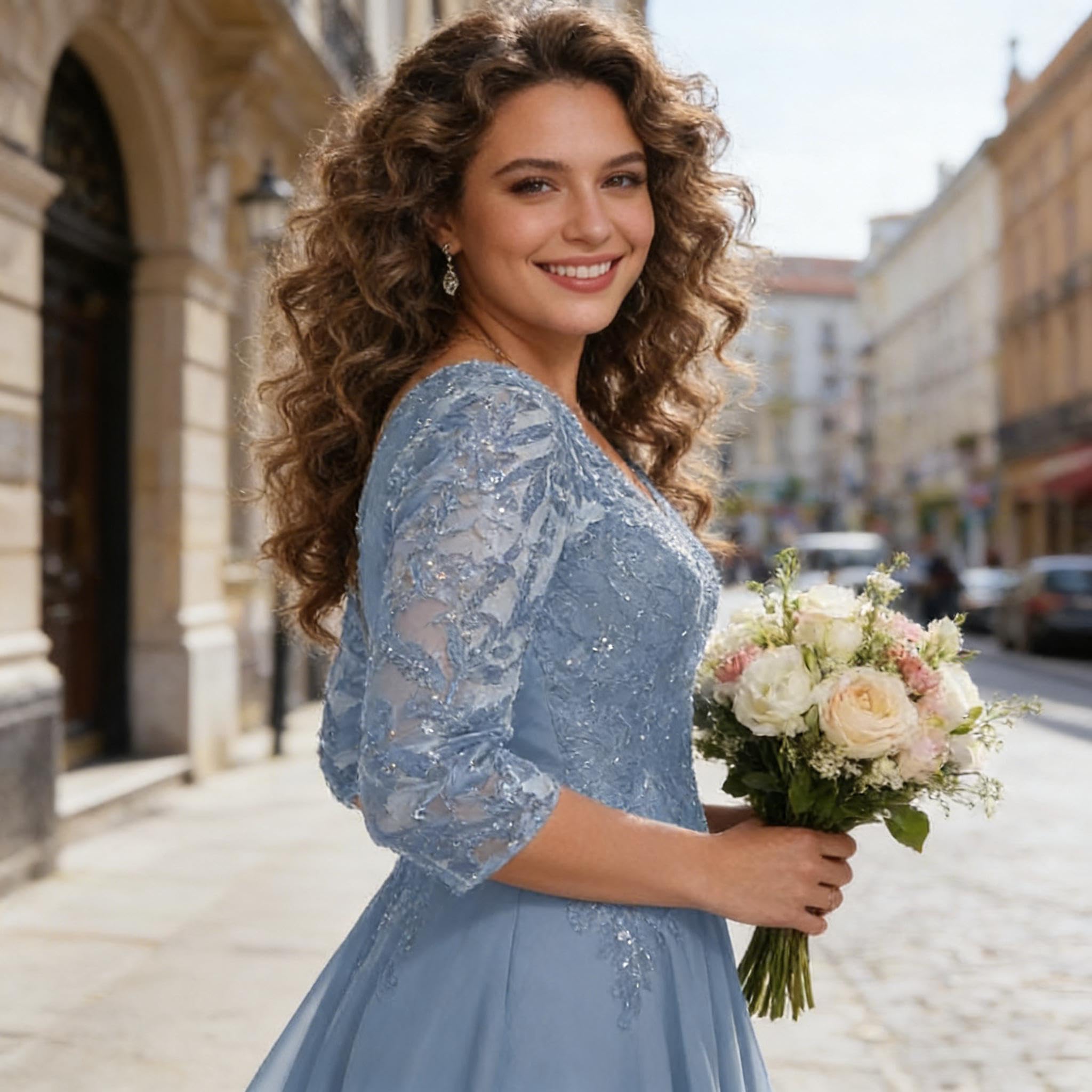 Robes de mère de la mariée à manches 3/4 pour mariage en mousseline de soie appliques en dentelle col en V longue robe de soirée formelle