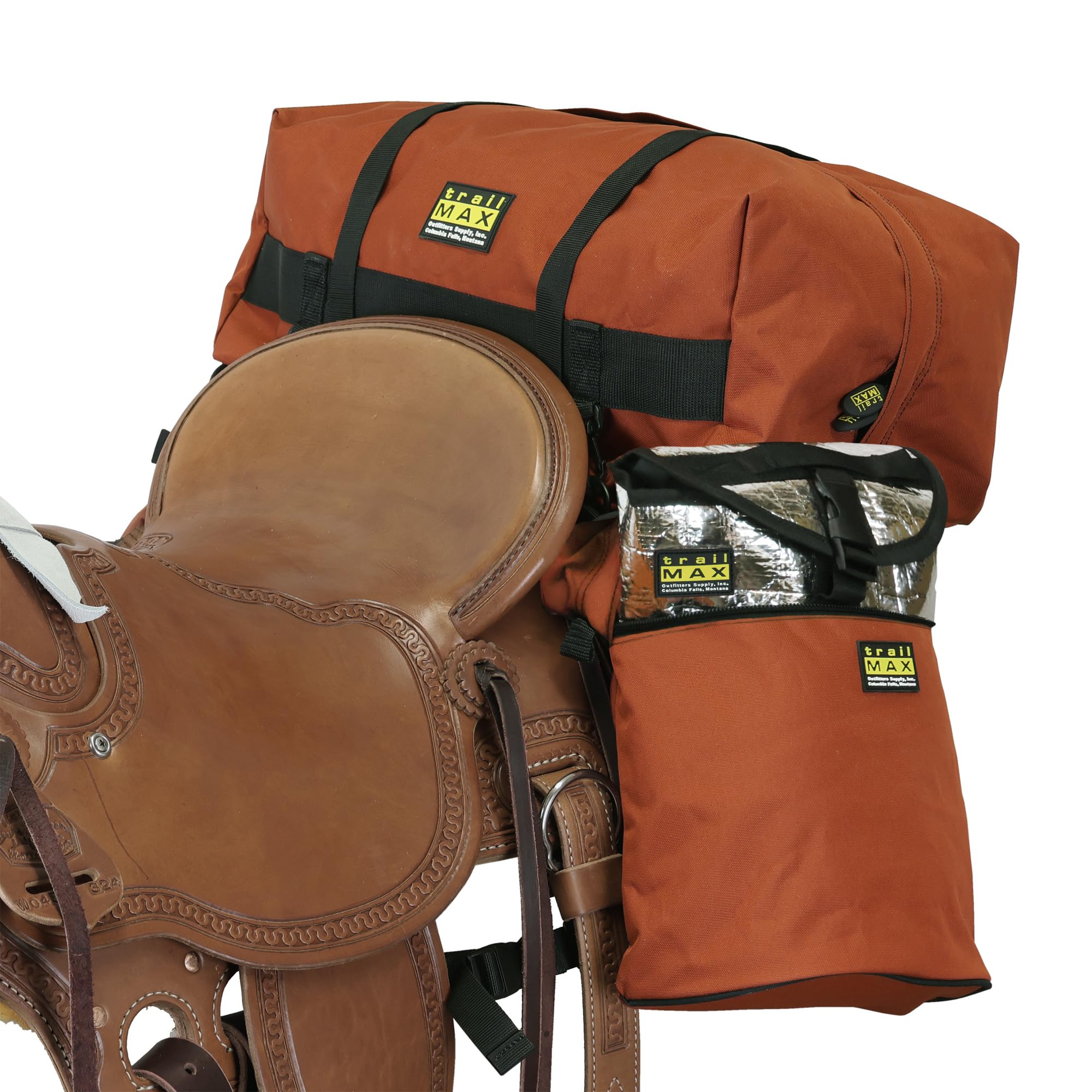 TrailMax Medium Saddlebags for Trail Riding; Insulated Saddle Bags for Horses with Detachable Cantle Bag; Saddle Bag & Cantle Bag Set; Saddle Bags for Western & Endurance Saddles, Rust