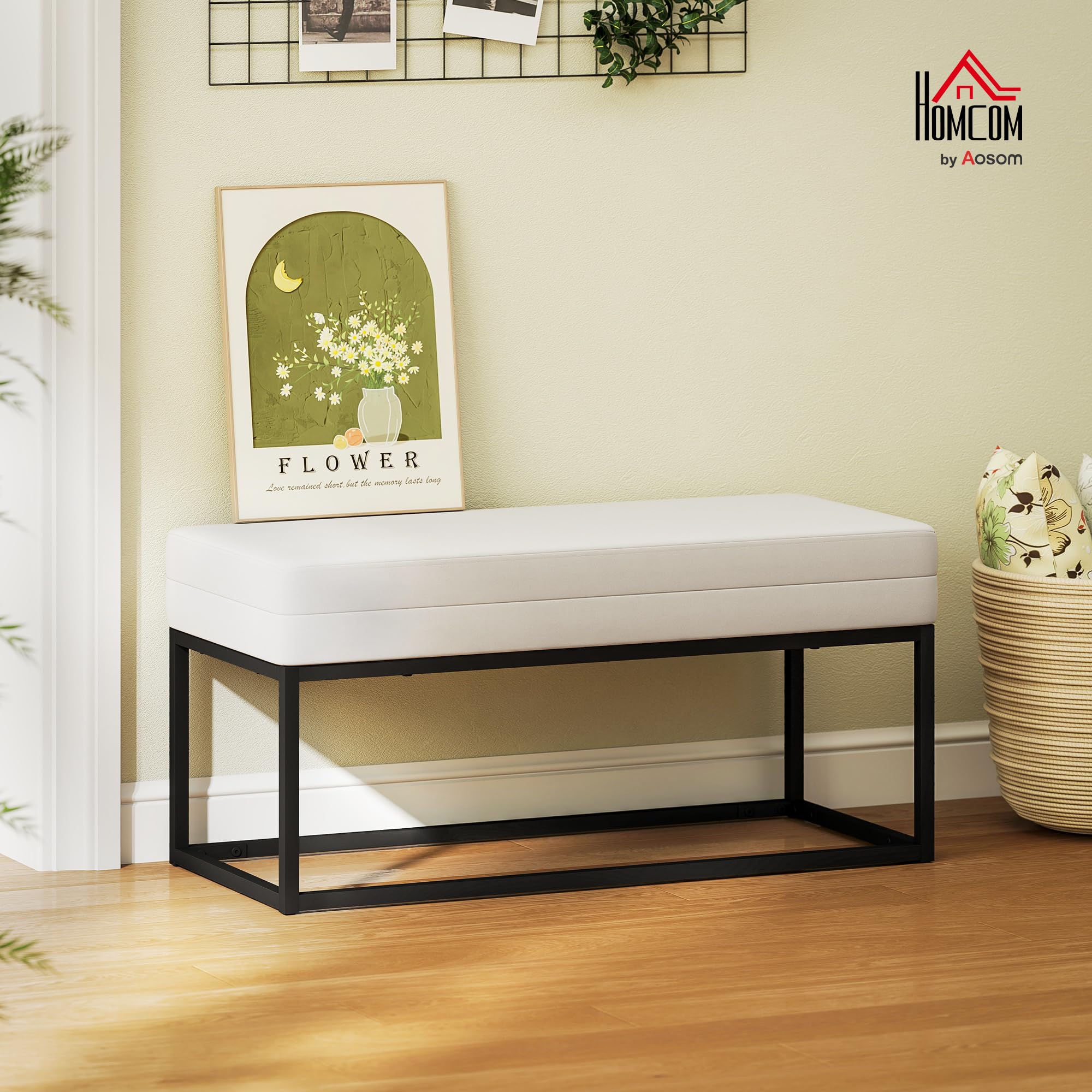 HOMCOM Panca da Ingresso Moderna e Minimal Imbottita 94x42x44 cm Crema | Piedini Regolabili, Panca Camera da Letto, Tessuto Effetto Velluto e Acciaio