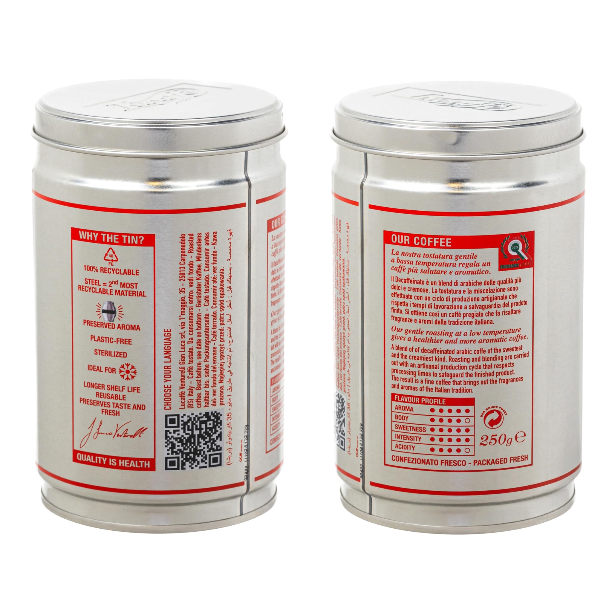 Lucaffe - Entkoffeinierte Kaffeedose gemahlener Kaffee Decaffeinato, 250 Gr | Kaffee für Espresso ohne Koffein gemahlen | Dunkel Röstung | Decaf, süßer, fruchtiger Geschmack, cremig |intensives Aroma